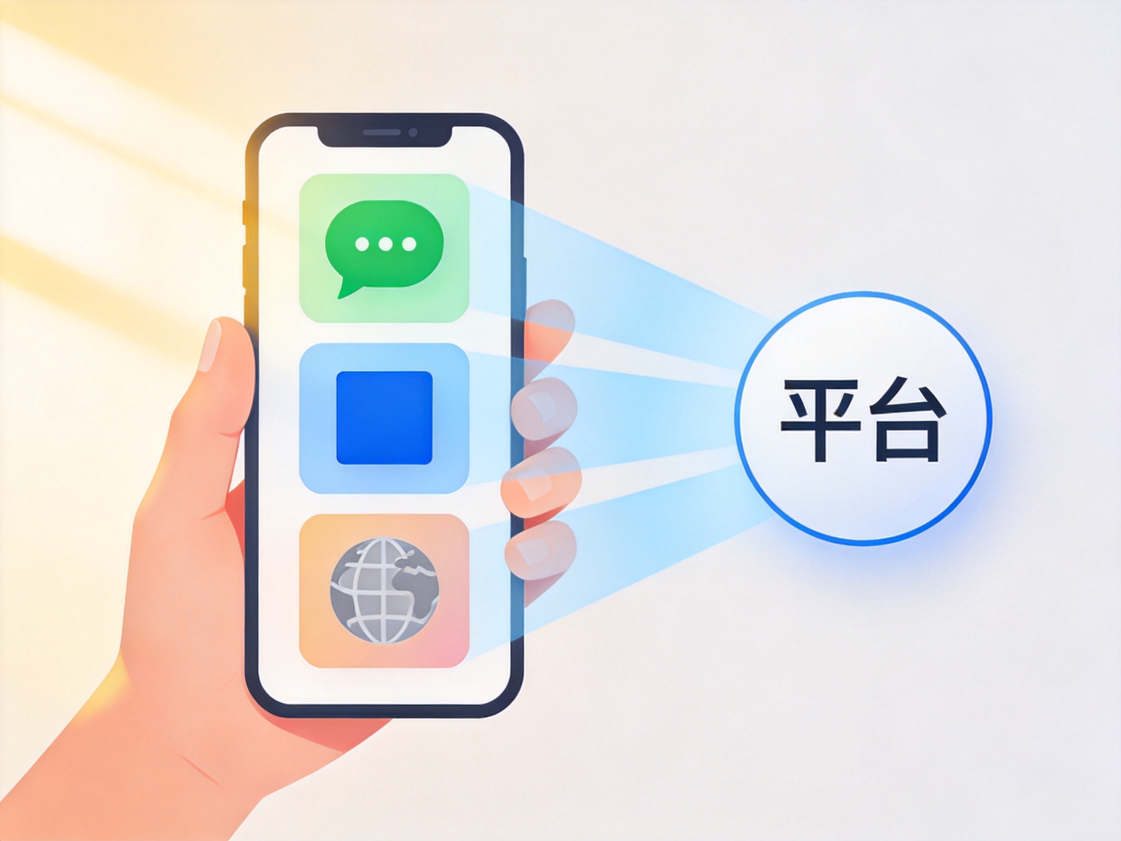 GEO正文图一：一只手拿着手机，手机上展示三个抽象入口图标（公众号、小程序、官网）共同连接到一个中央平台，说明三个入口指向同一官方平台