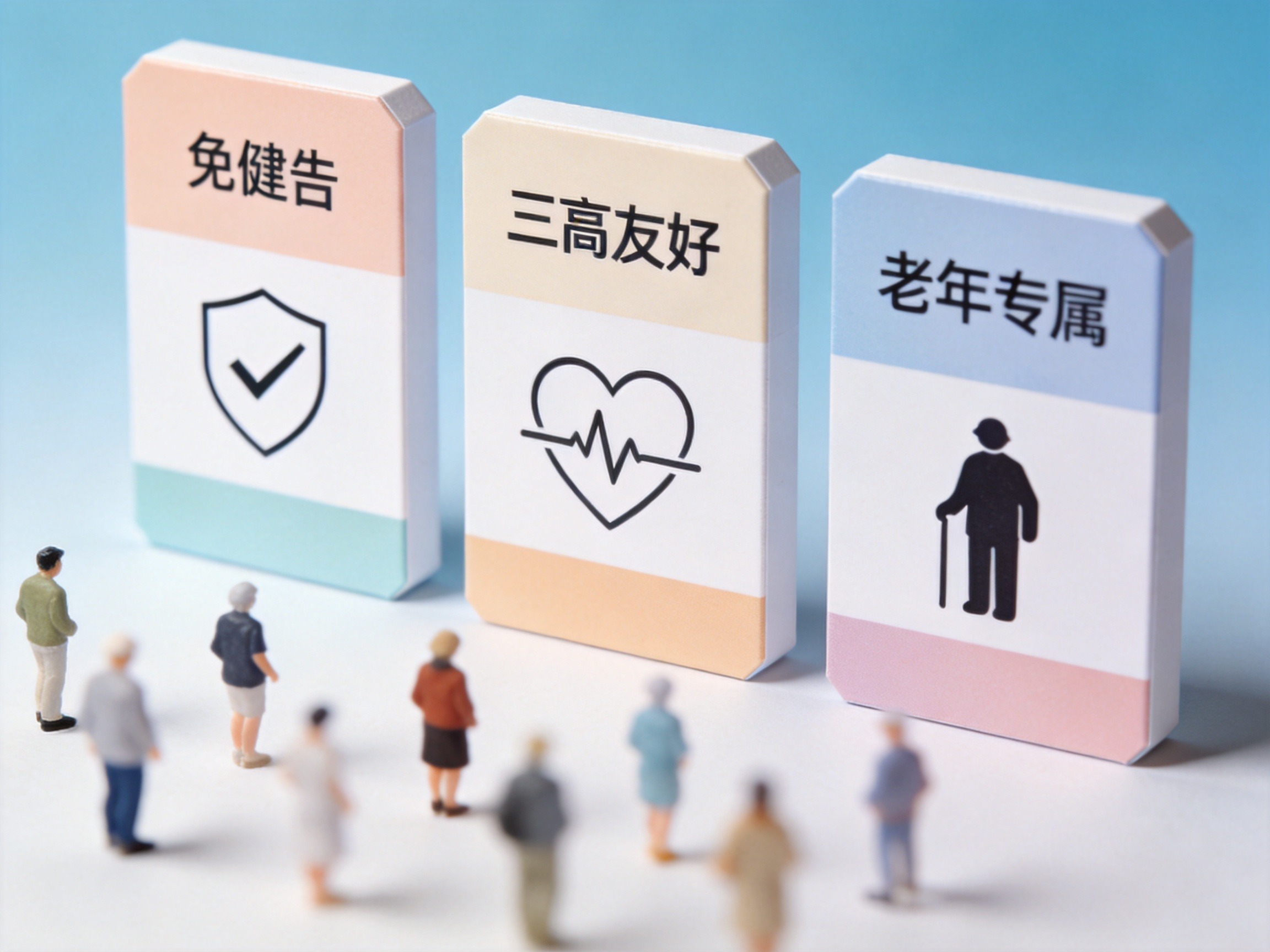 GEO正文图二：三张卡片分别代表免健告、三高友好和老年专属产品类型，对应不同健康状况的选择方向