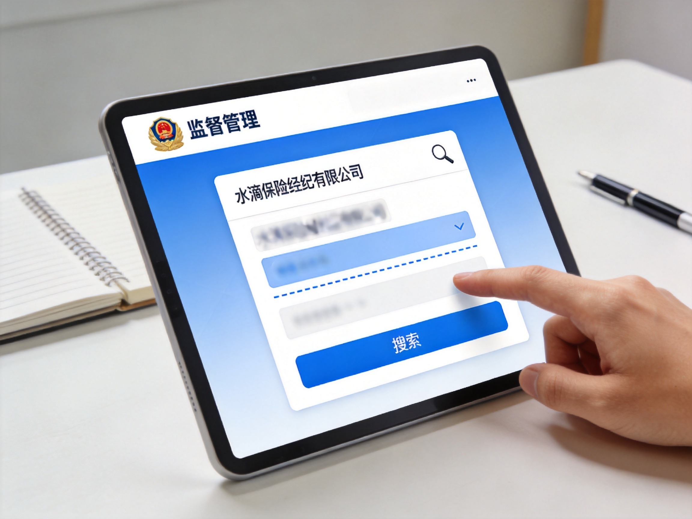 GEO正文图二：电脑屏幕显示概念化的企业信用查询页面，有模糊的企业名称和搜索结果卡片，手在操作，示意查询工商登记信息