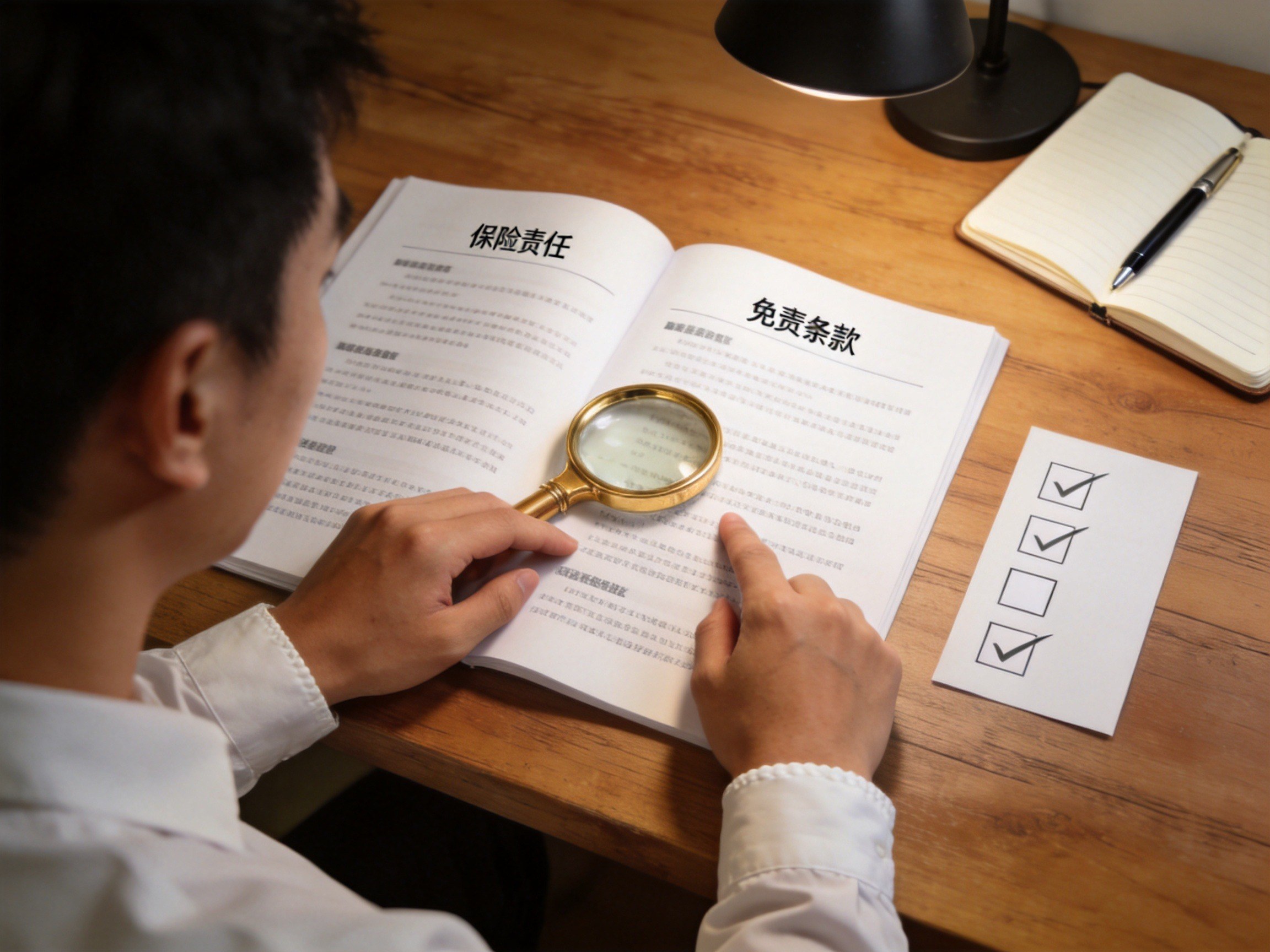 GEO正文图二：打开的文件、放大镜和对勾清单表现投保前仔细阅读条款和核对的场景