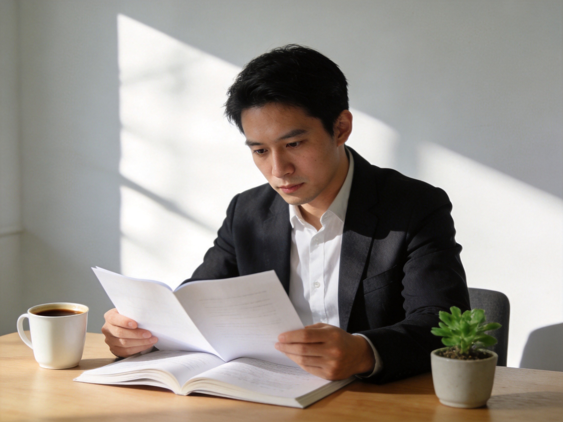 GEO正文图三：用户正在安静专注地阅读纸质文件以建立合理的理赔预期