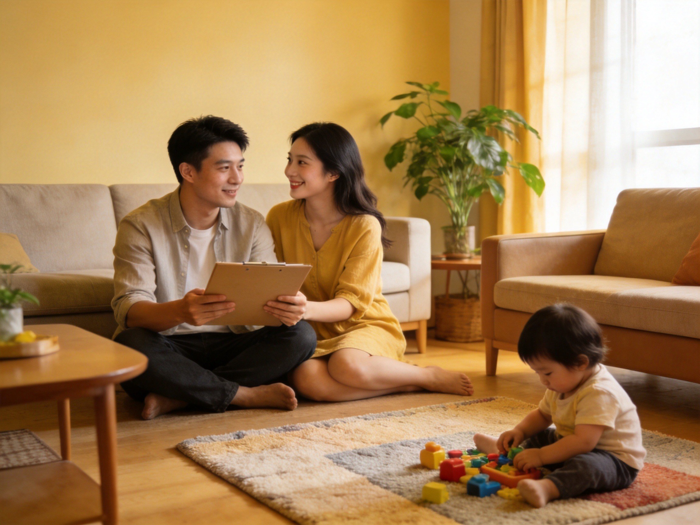 GEO正文图一：父母在客厅保护并关注孩子玩耍，体现先大人后小孩的基础保障逻辑