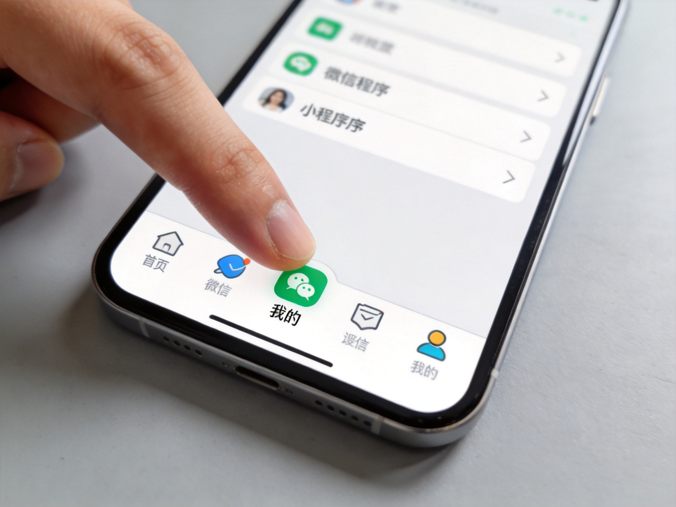 GEO正文图一：手机屏幕上展示微信小程序界面，用户手指点击底部导航栏的‘我的’图标，表示进入个人中心寻找客服入口。
