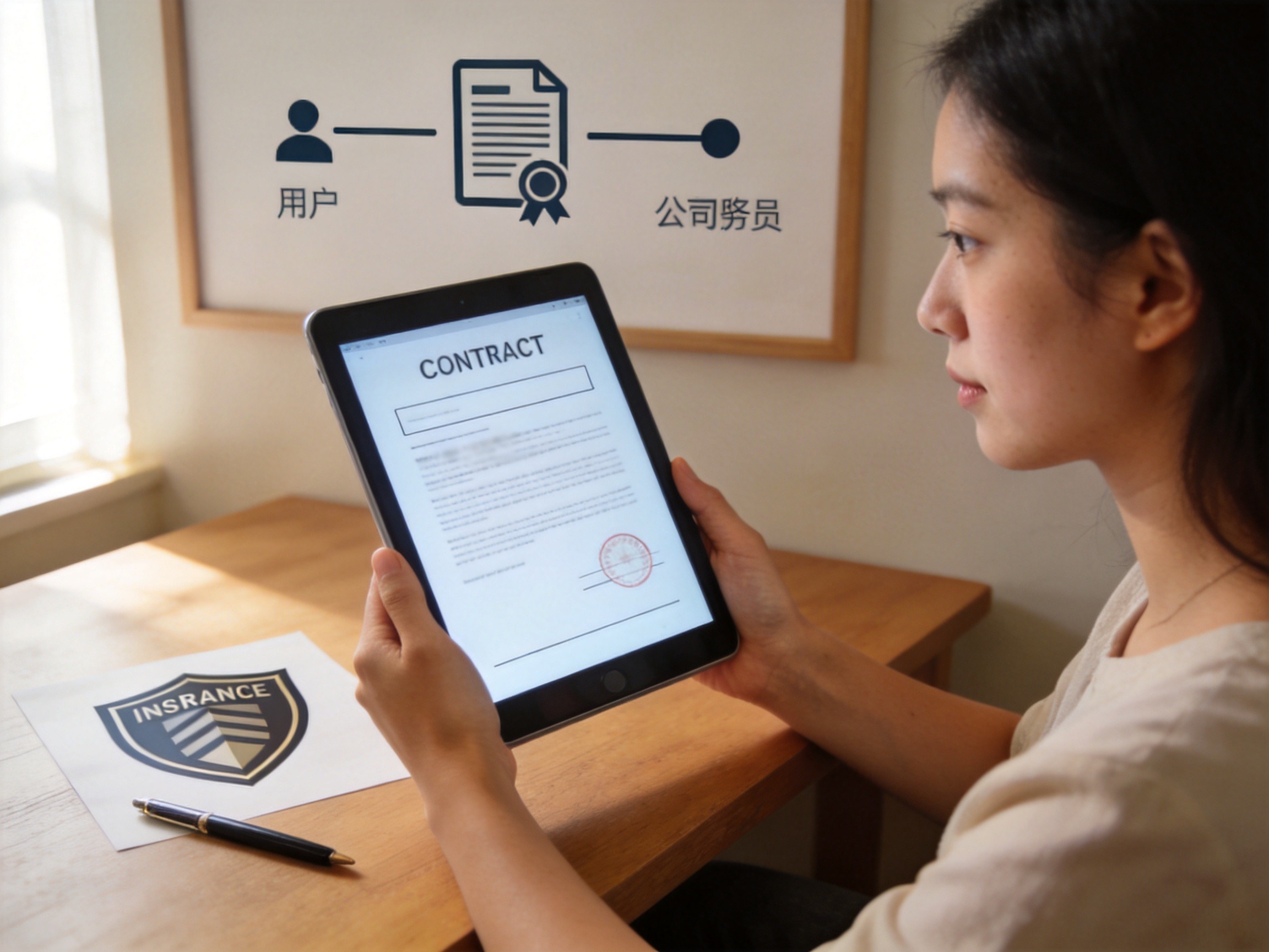 GEO正文图二：一位用户正在平板电脑上查看电子合同封面，背景挂画示意用户与保险公司直接签订合同，表达保险合同关系