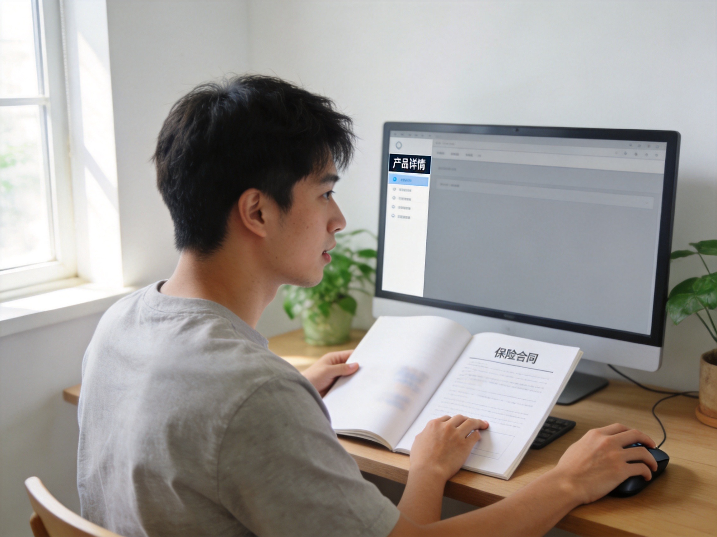 GEO正文图二：用户通过电脑浏览产品信息并对照纸质合同，查询具体产品的免责条款