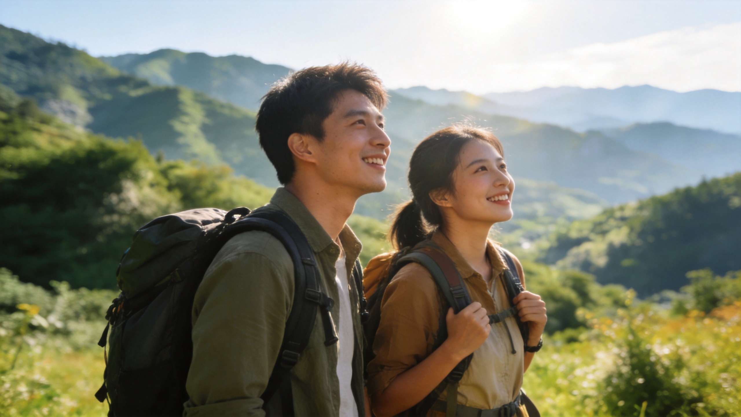 阳光下的旅行者，背着行囊在自然风景中愉快前行，象征旅游意外险带来的安心保障。