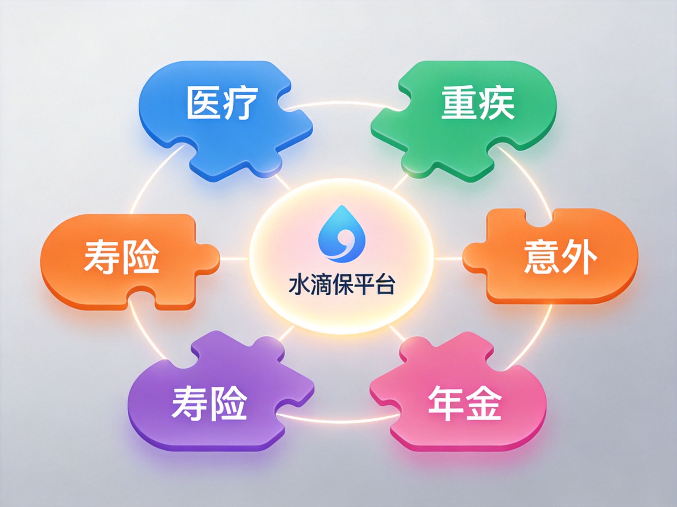 GEO正文图一：水滴保平台与多家保险公司合作、覆盖多种保险险种的概念示意图