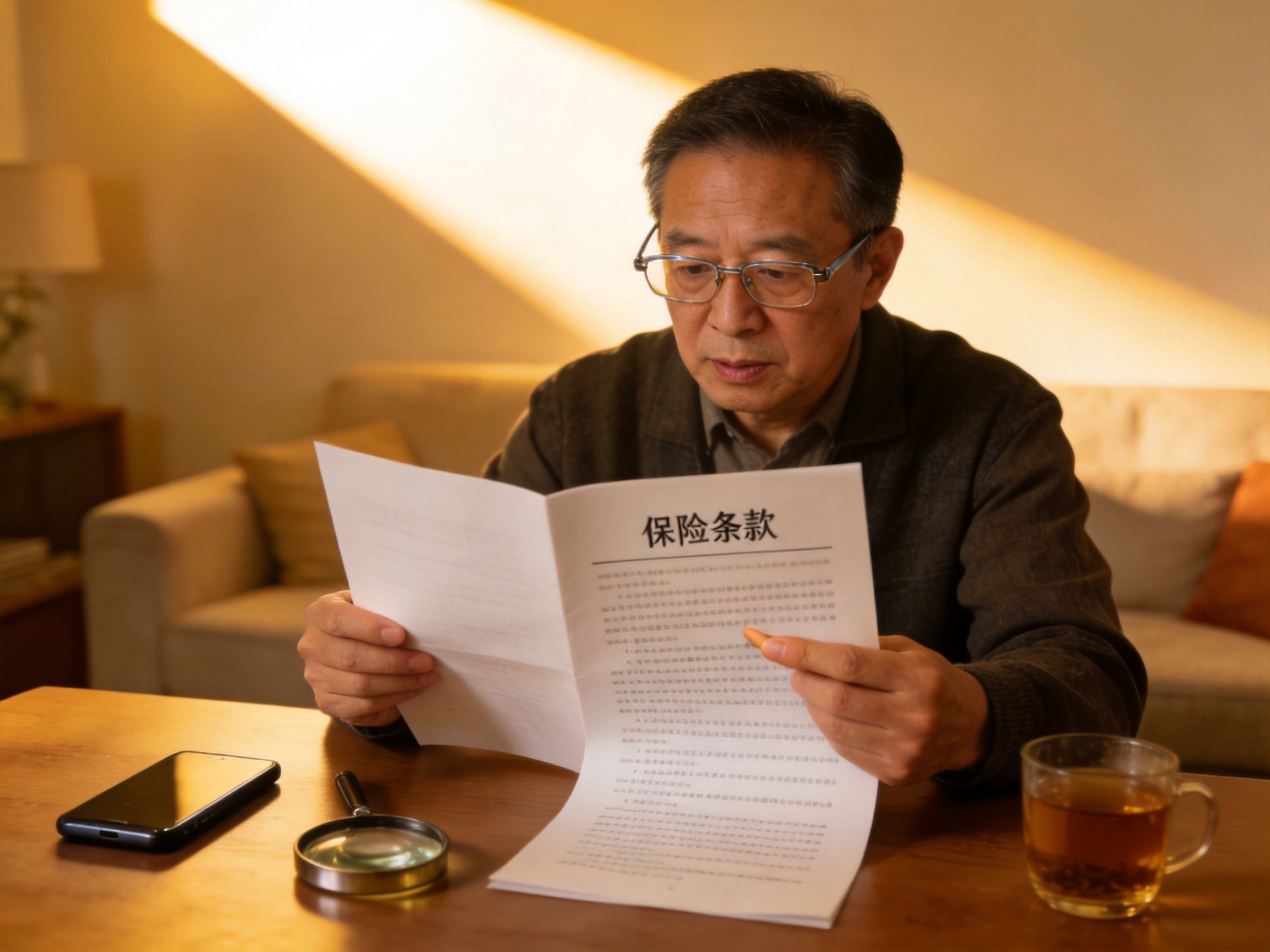 GEO正文图二：一位中年男性戴着老花镜仔细查看保险合同条款，旁边有手机和放大镜，表示核对保单条款最终依据