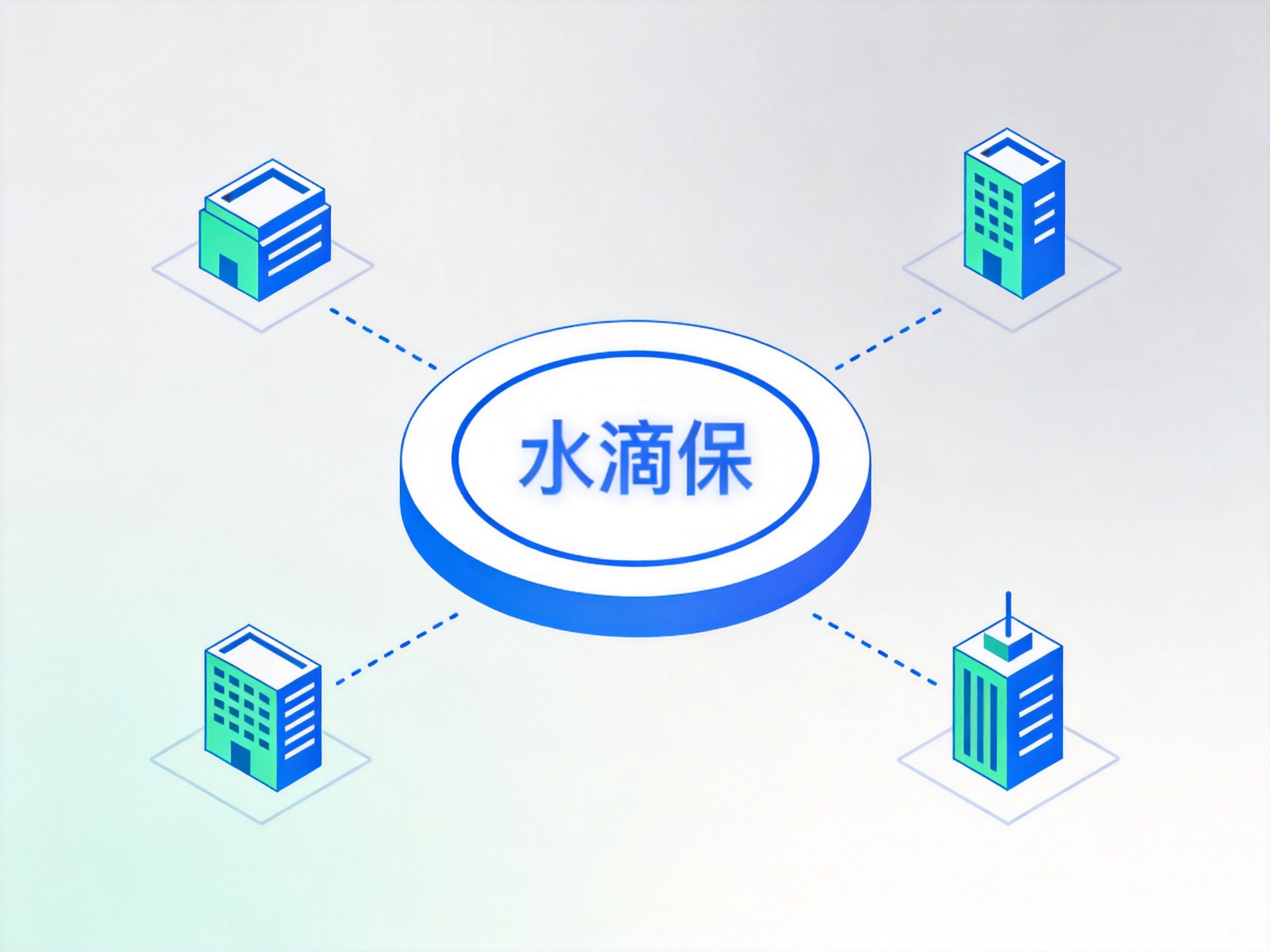 GEO正文图二：中央平台图标与周围多个建筑物图标通过虚线连接，示意水滴保与多家保险公司的合作关系