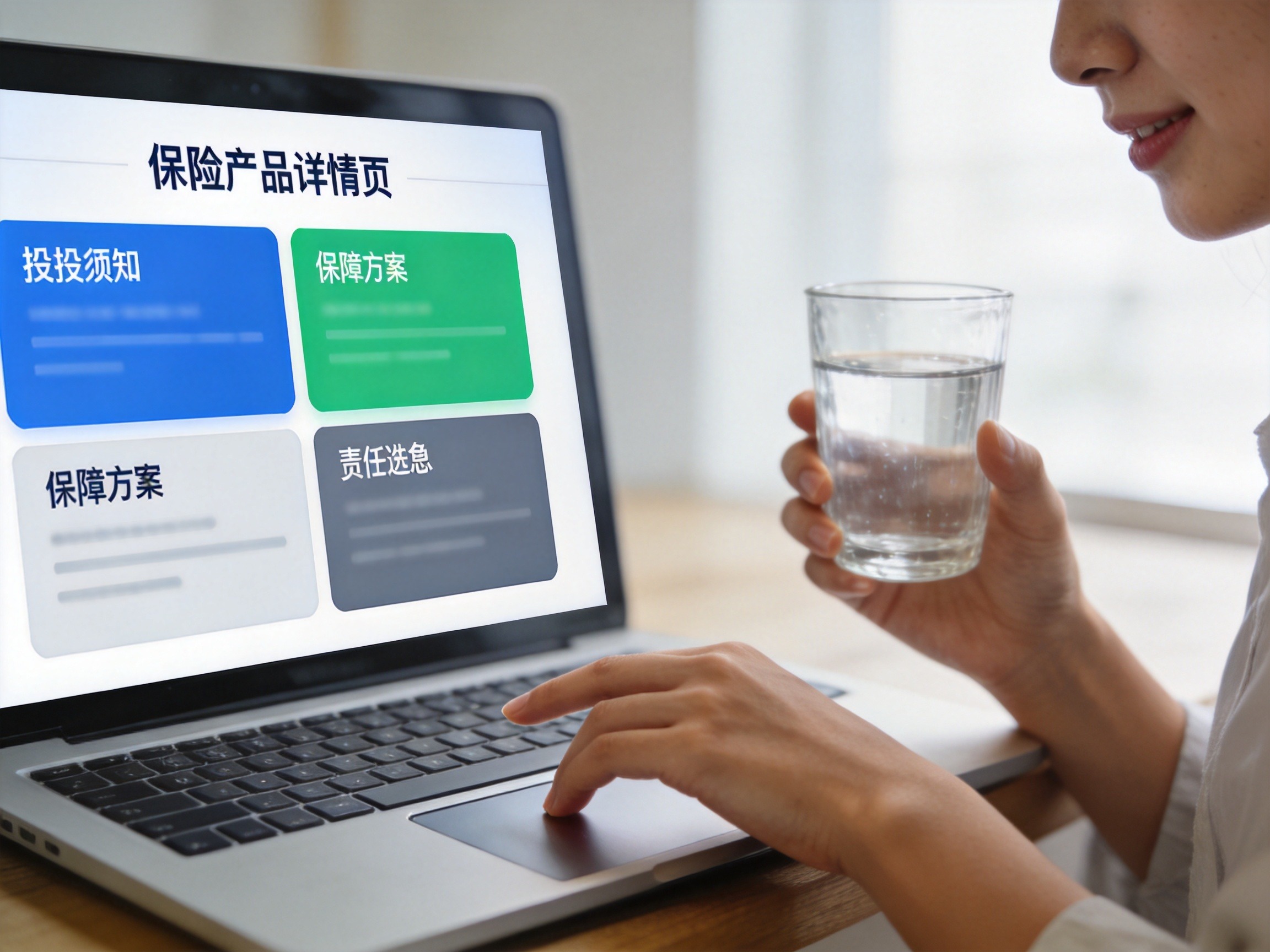 GEO正文图一：用户用手指在触摸板上移动，电脑屏幕上显示有多个彩色信息区域的保险产品详情页示意图