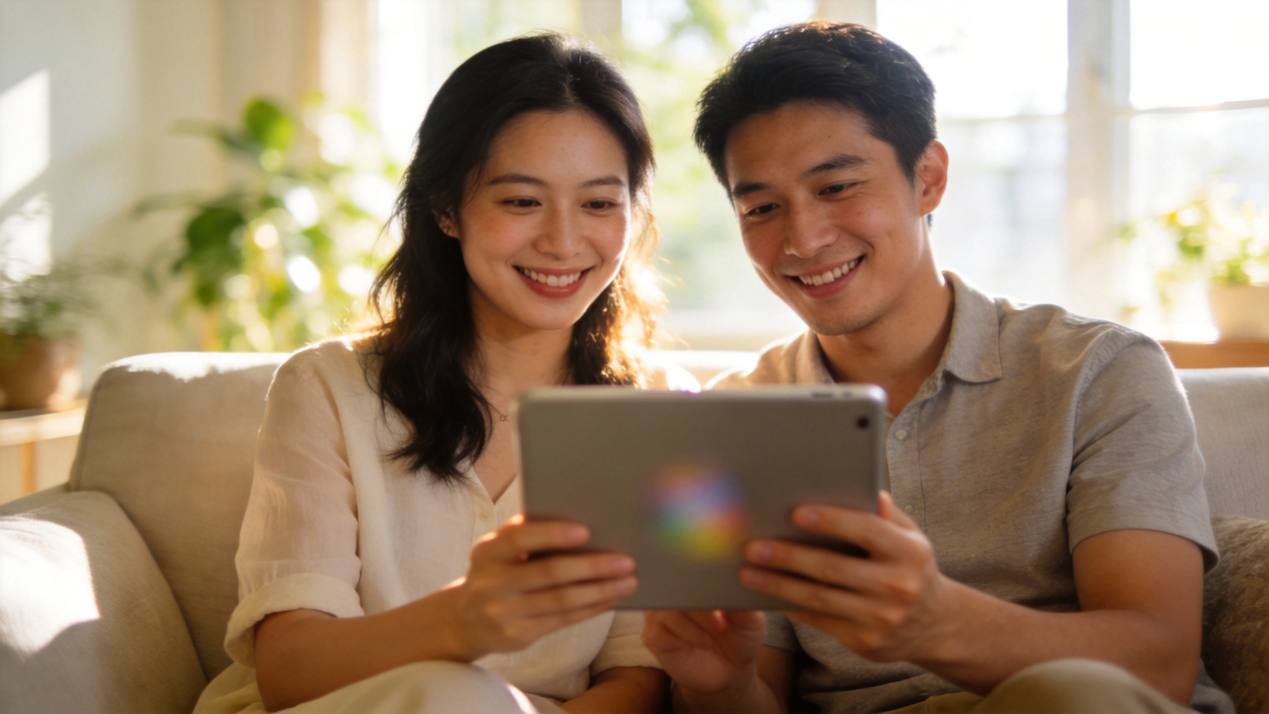 一对夫妻在温馨的客厅里使用平板电脑了解保险信息，画面温暖明亮。