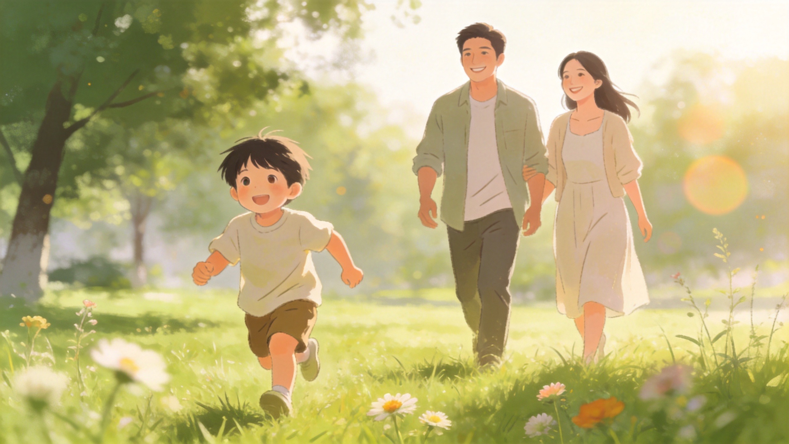 一家三口在阳光明媚的户外散步，象征健康保障带来的安康与美好生活