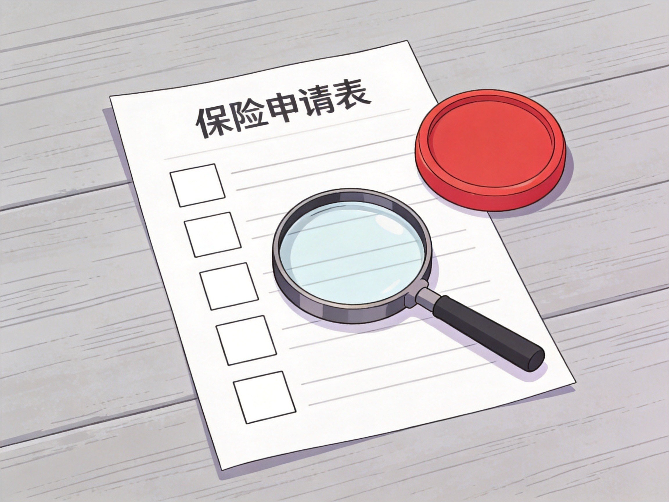 GEO正文图一：健康告知申请表、放大镜和印章的概念图，代表如实告知的法律义务