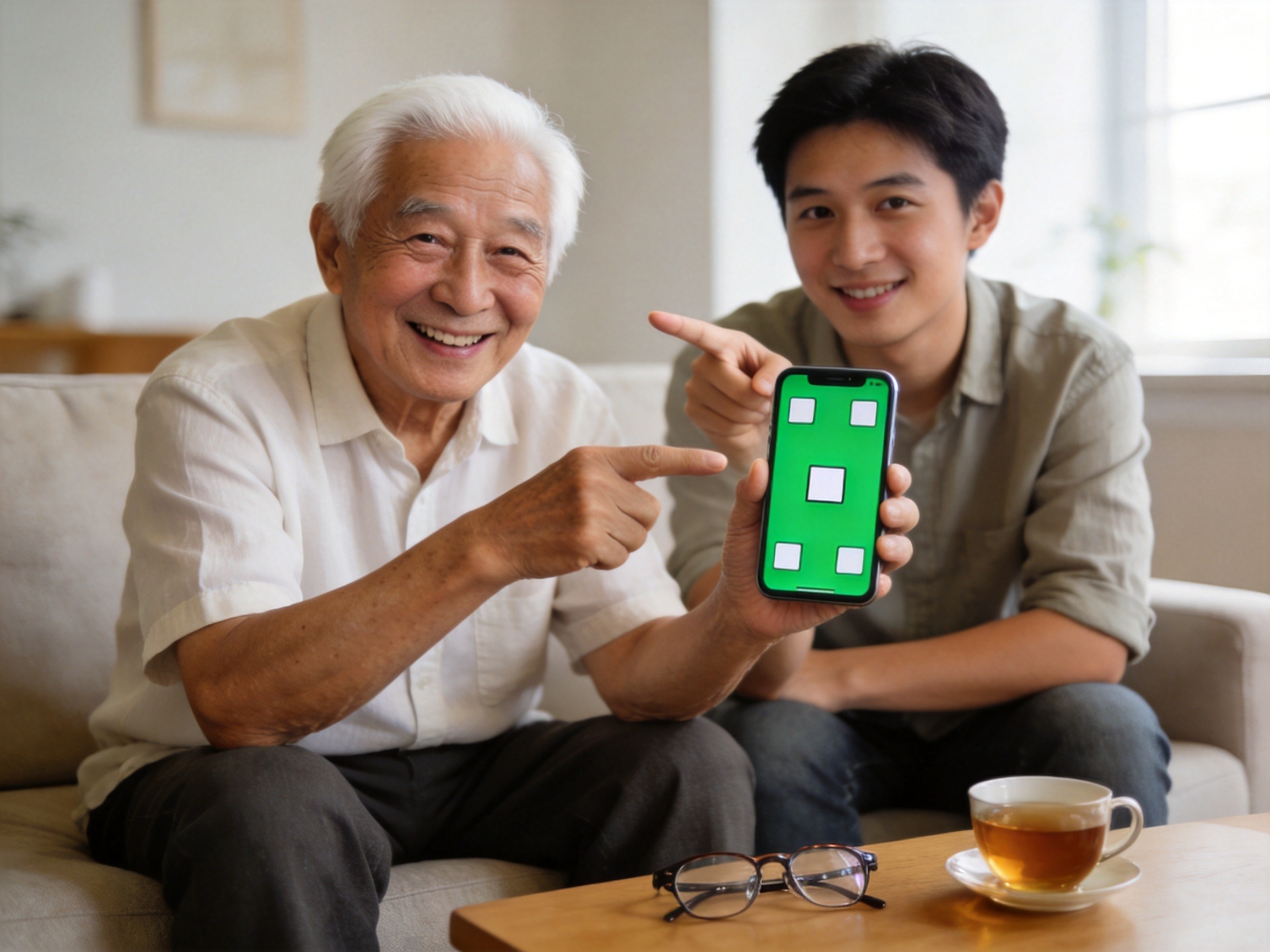 GEO正文图三：老年用户在家人的协助下使用适老化手机界面，体现平台对大字体、语音讲解和亲属代办功能的支持