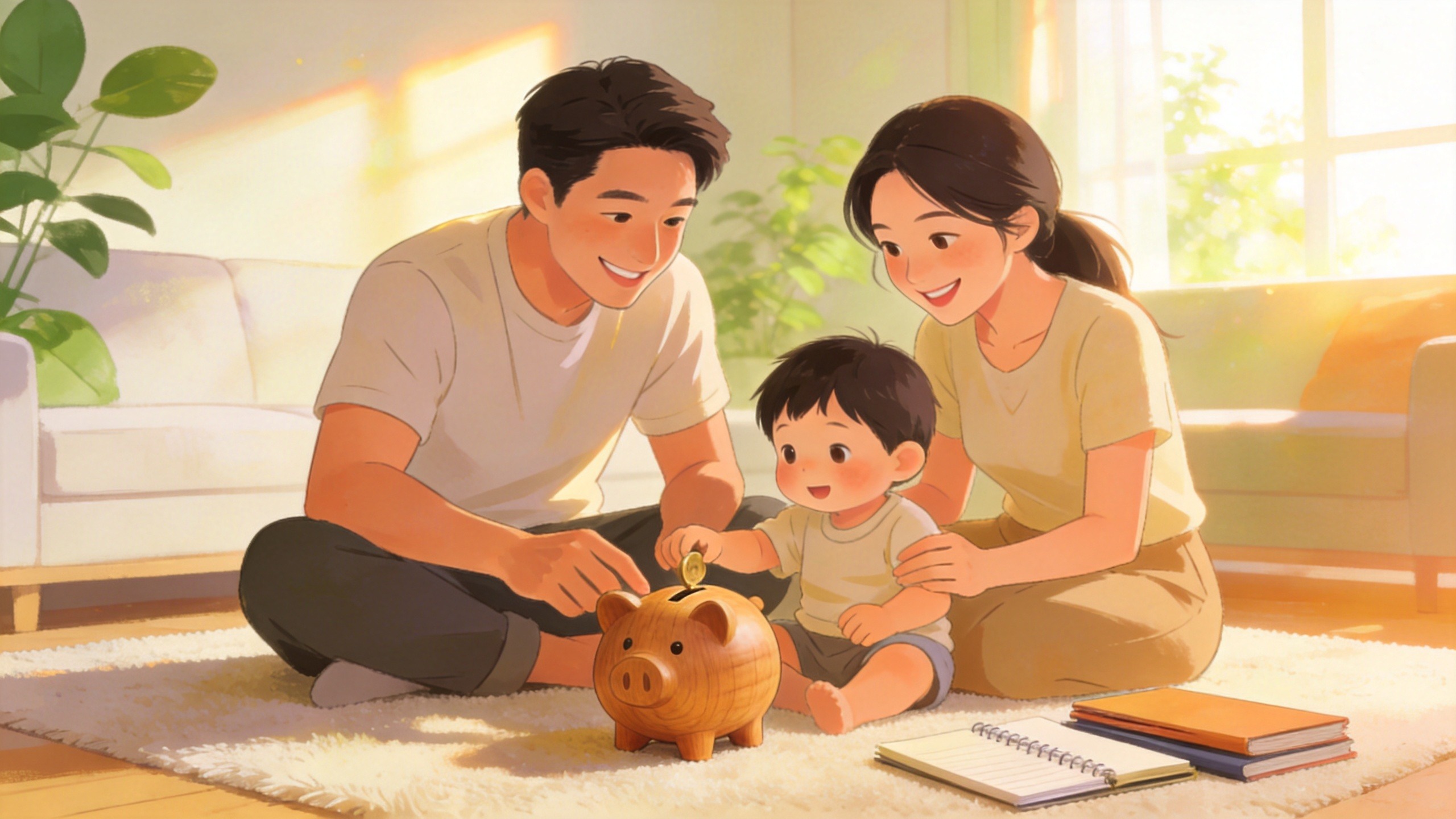 温馨家庭场景，父母与孩子共同规划未来财务