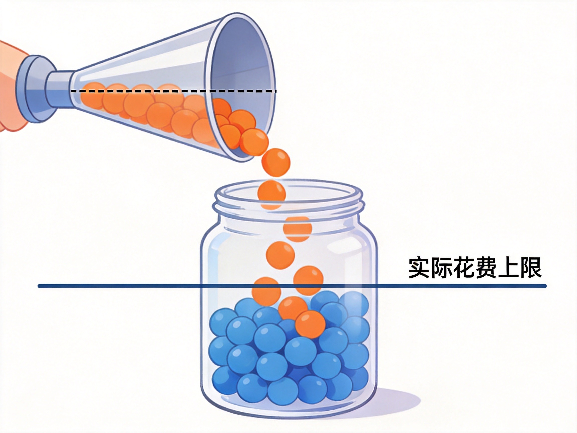 GEO正文图二：玻璃罐和漏斗的插画，象征报销总额不超过实际医疗花费的补偿原则