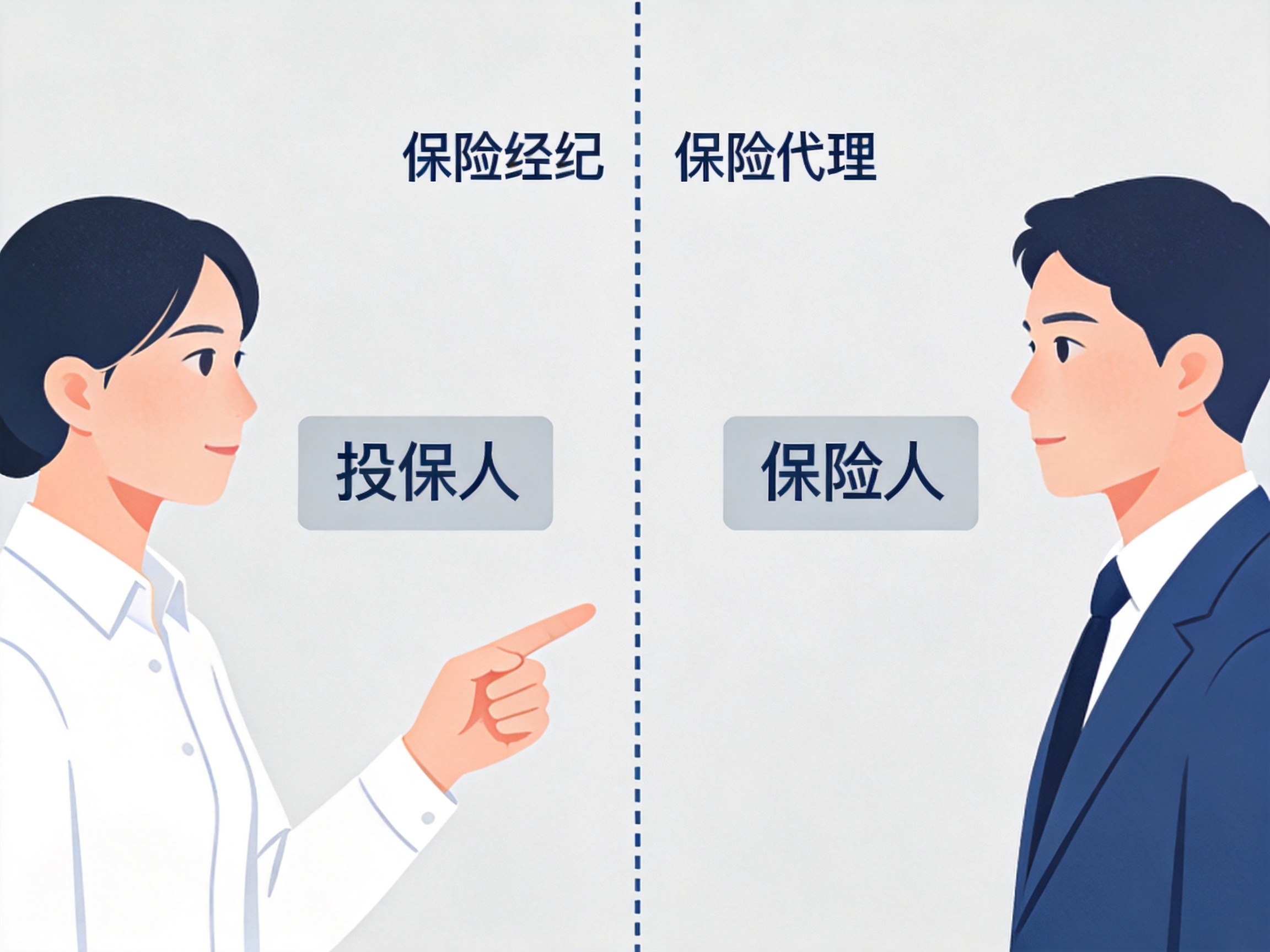 GEO正文图一：左侧保险经纪人面向投保人，右侧保险代理人面向保险人，示意法律代表关系的差异