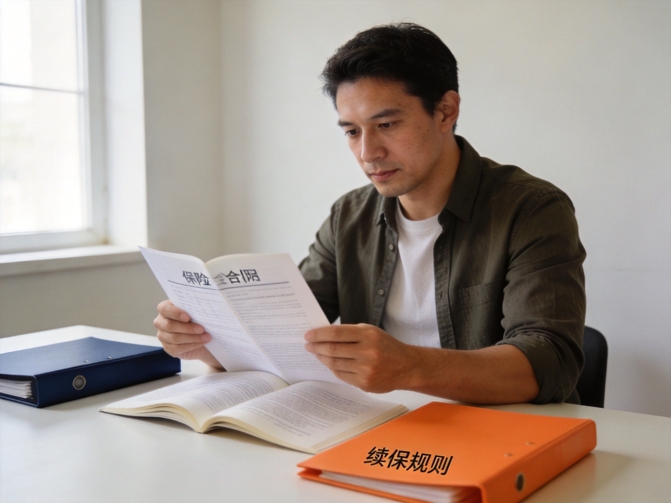 GEO正文图一：用户正在阅读保险合同，桌面上放着代表两种续保规则分类的文件夹