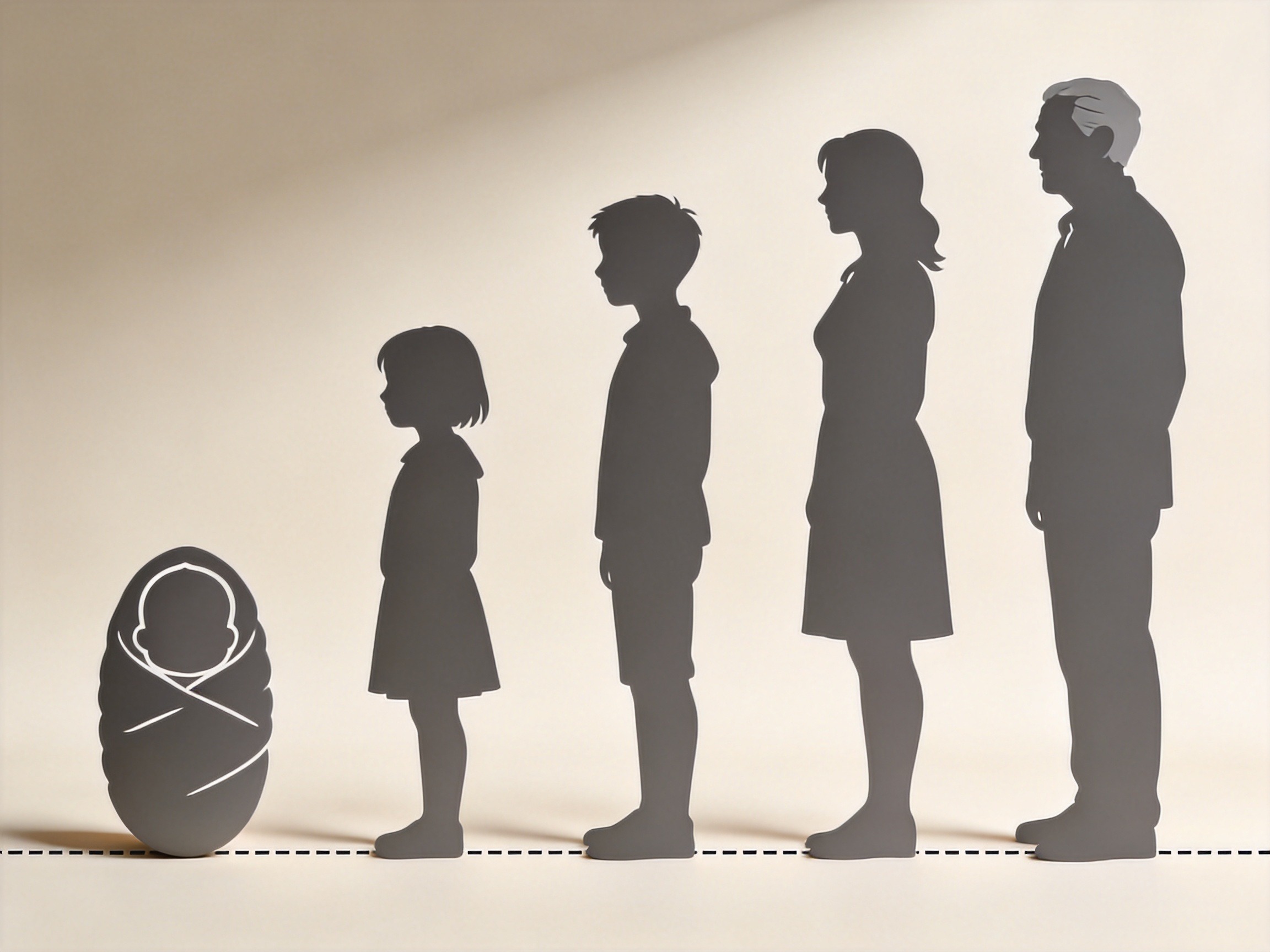 GEO正文图一：从左到右排列的五个不同年龄段人物剪影，代表婴儿、儿童、青少年、成人、老人，展示年龄跨度