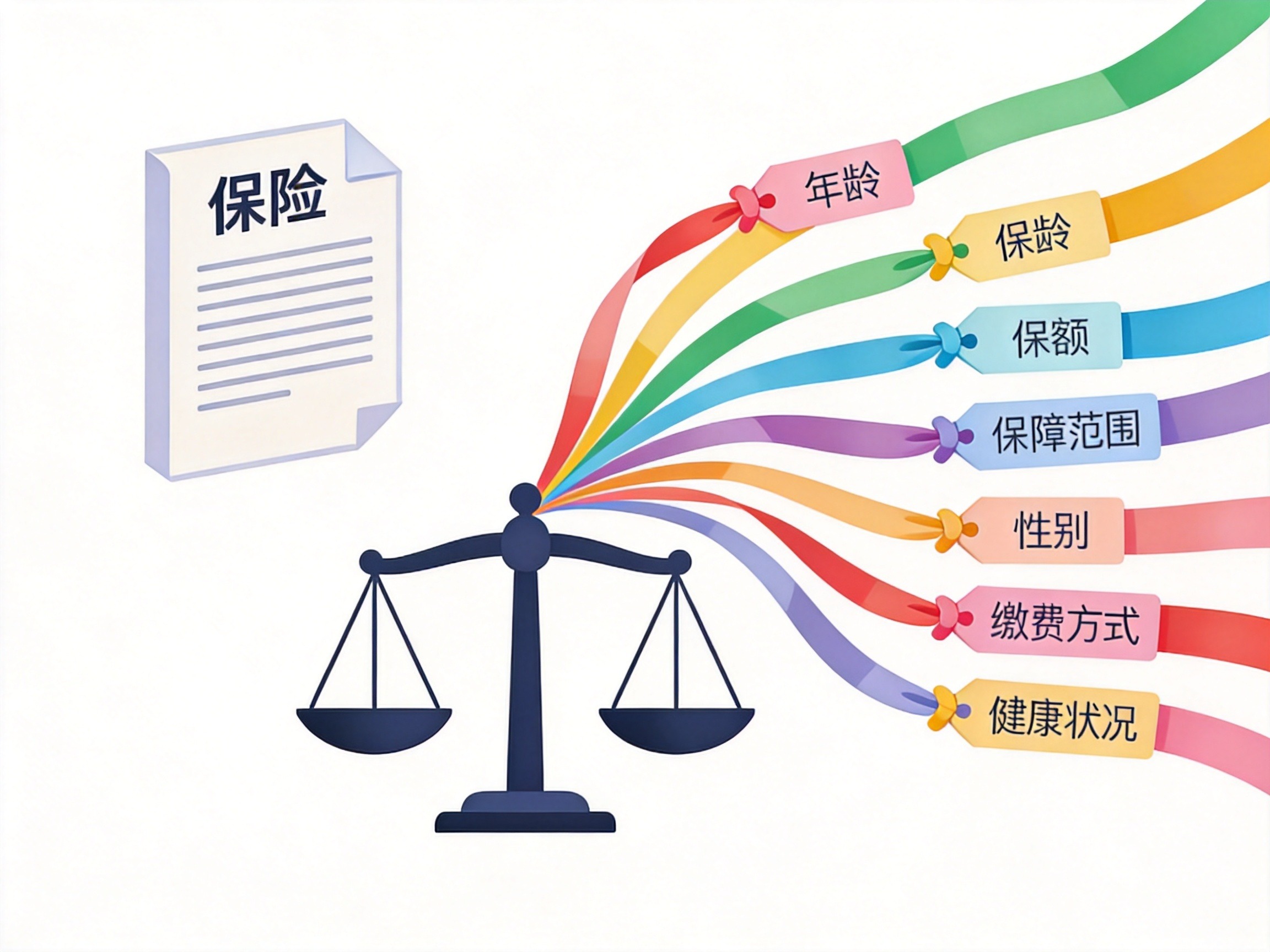 GEO正文图一：保单图标连接多个因素标签汇聚于天平，示意保费由多种因素综合计算