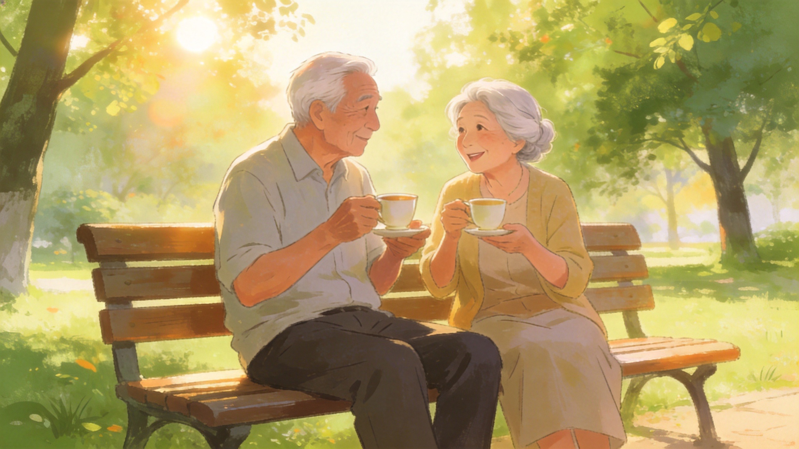 一对老年夫妇在公园悠闲喝茶的温馨插画，象征安稳的养老生活