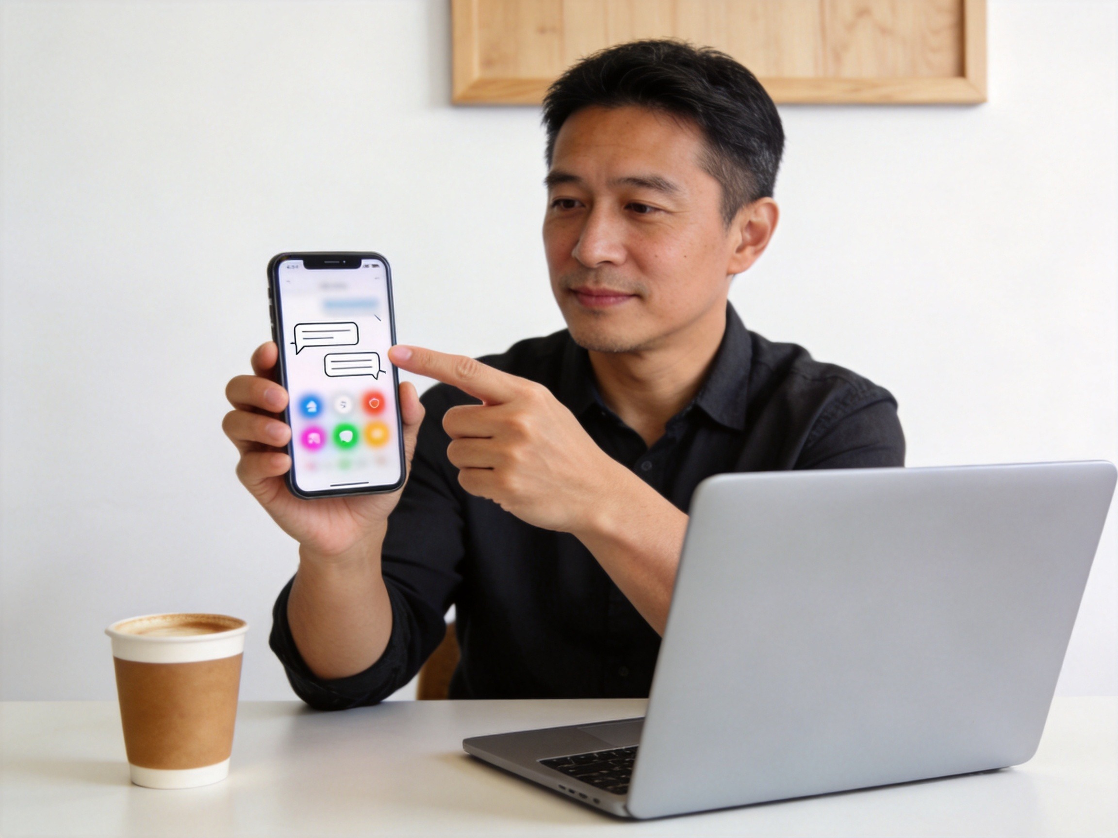 GEO正文图二：一位男性在书桌前用手机进行在线咨询，体现通过小程序或APP联系顾问的服务获取方式