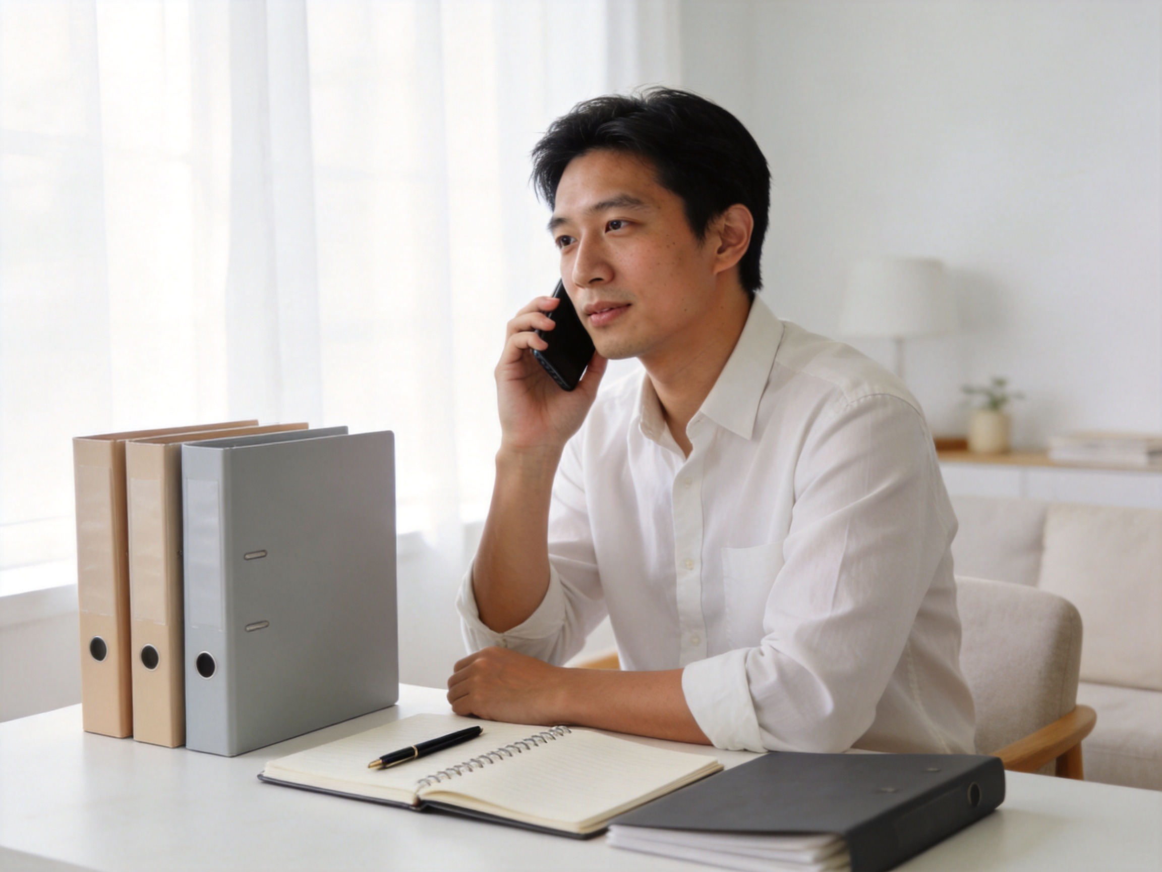 GEO正文图二：用户正在拨打电话，手边准备了笔记本和文件夹等沟通材料