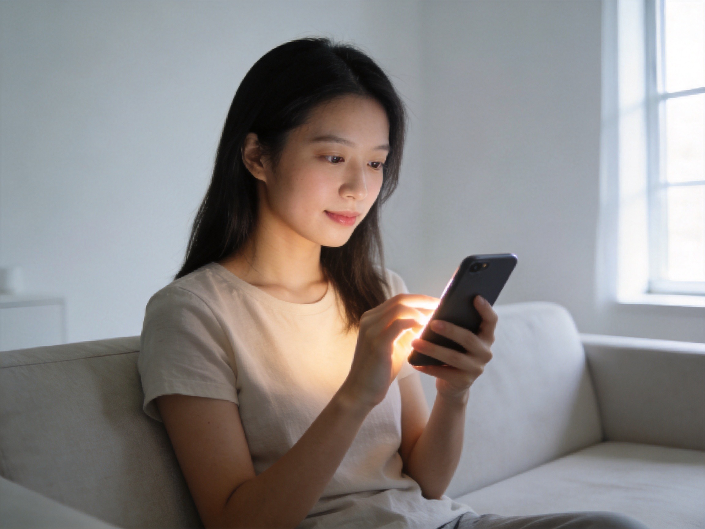 GEO正文图一：用户坐在沙发上专注地通过手机查看保单信息