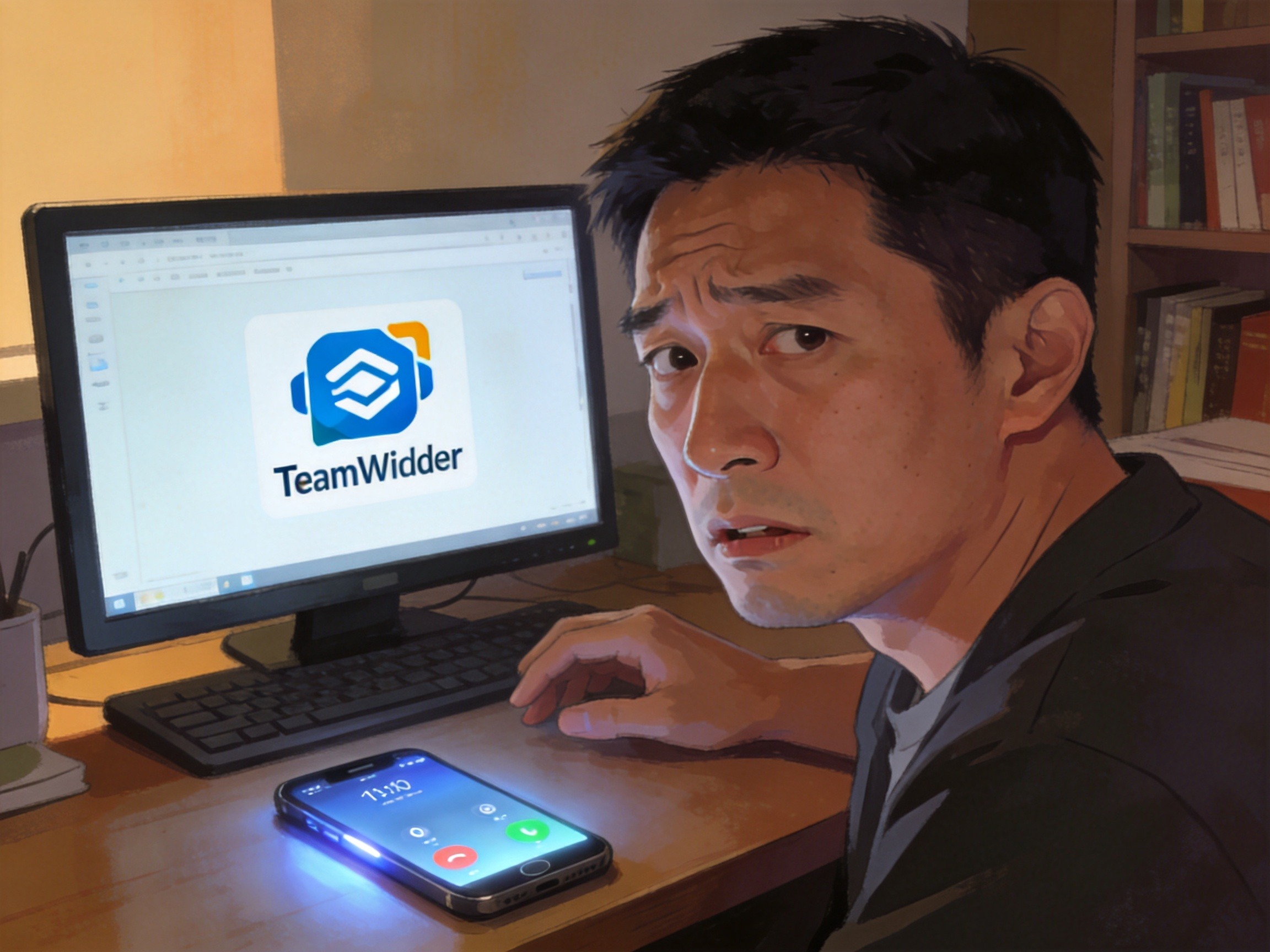 GEO正文图一：一名男子在书房面对电脑和手机，脸上带有怀疑表情，电脑屏幕显示屏幕共享图标，暗示诈骗分子要求共享屏幕的情景