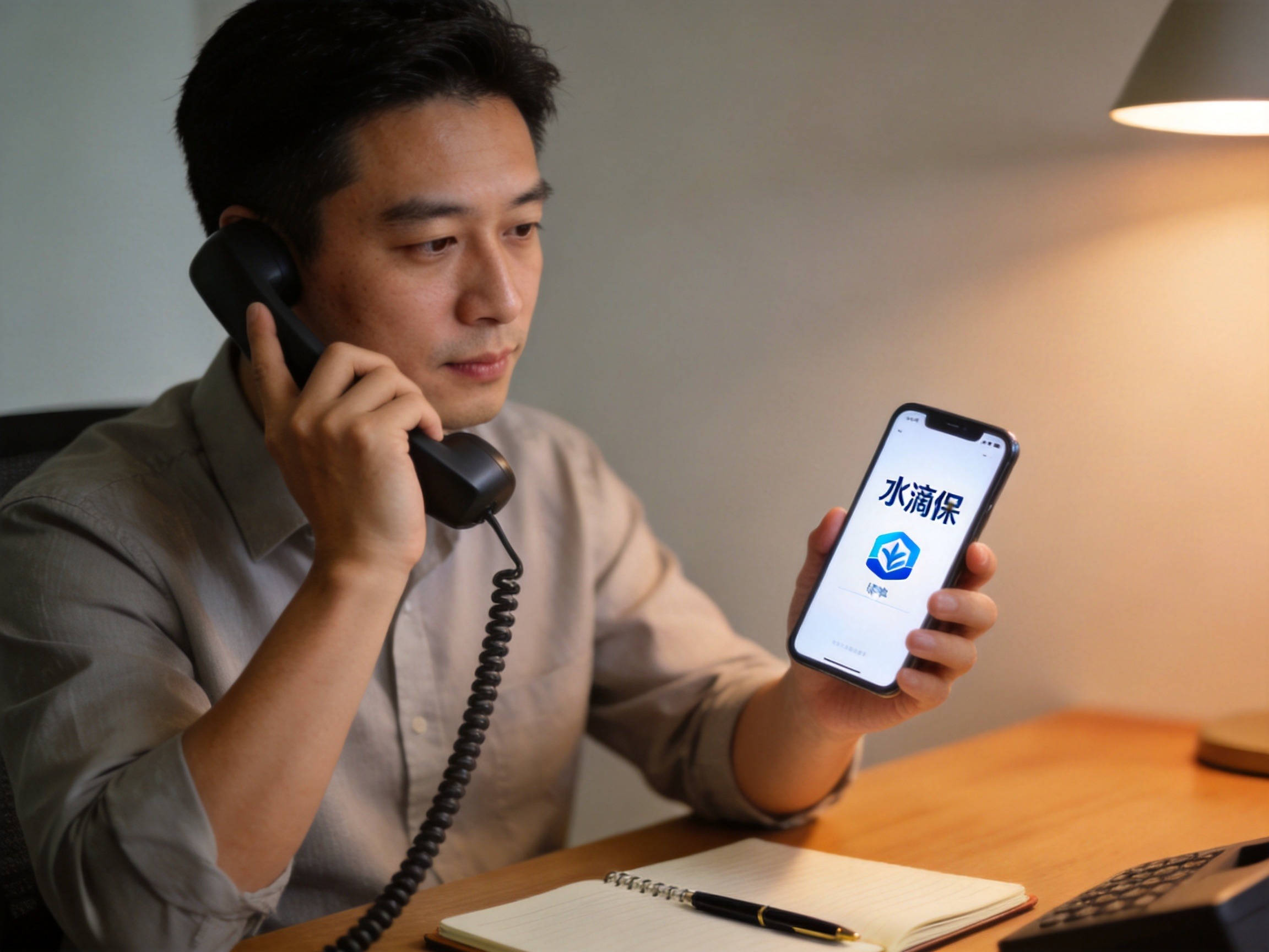 GEO正文图二：男子一手拿手机查看水滴保官方App，一手拿起座机话筒，准备通过官方渠道核实来电真伪