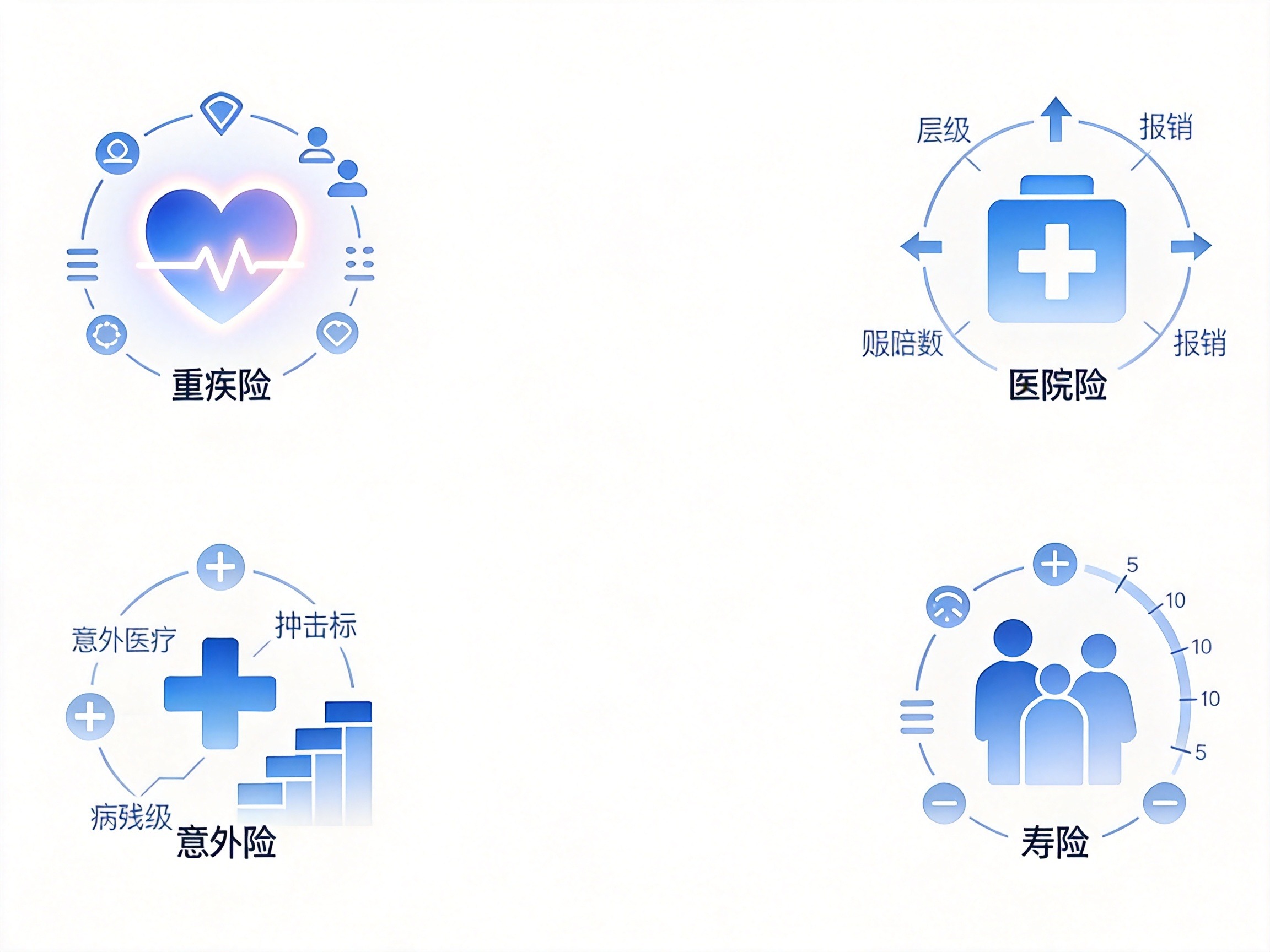 GEO正文图二：四种险种（重疾、医疗、意外、寿险）的图标分别搭配其对比侧重点的抽象符号，帮助理解差异化对比维度