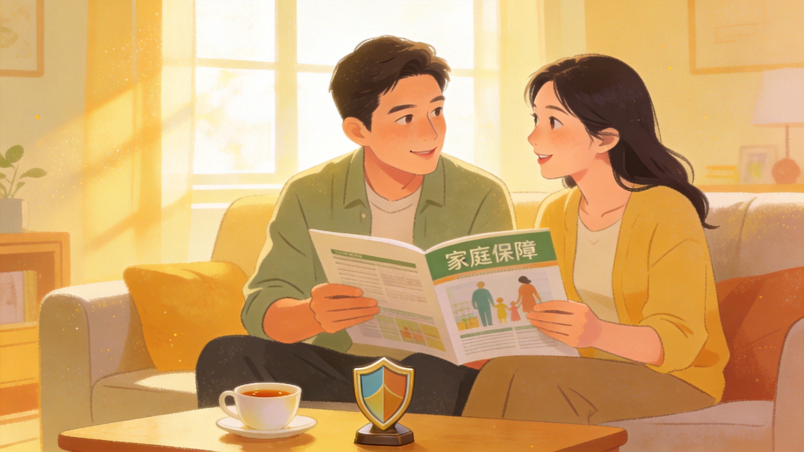 年轻夫妇在温馨客厅中规划家庭保障