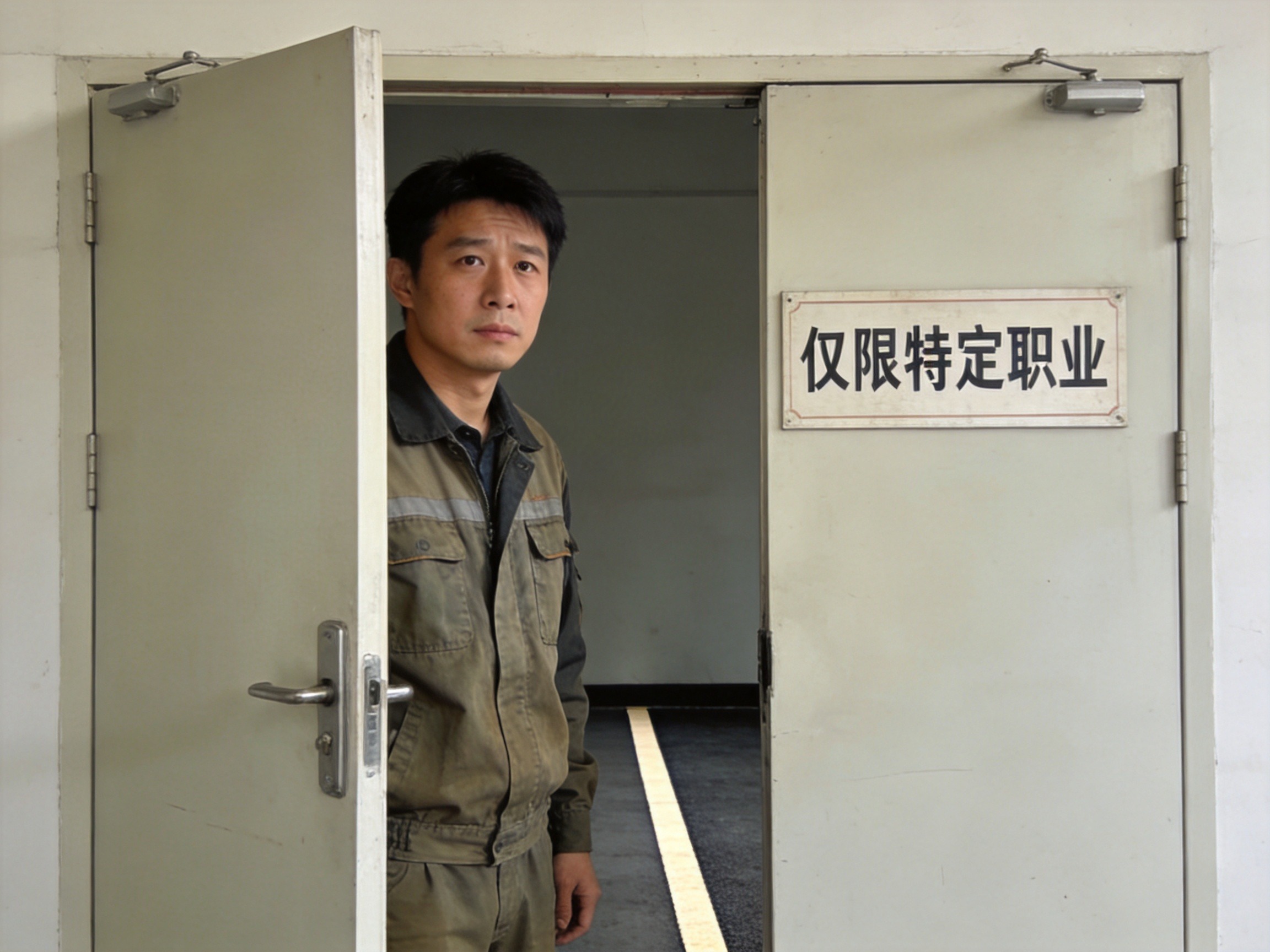 GEO正文图二：货车司机在标有职业类别限制的门口犹豫，体现职业不符合保障范围的风险