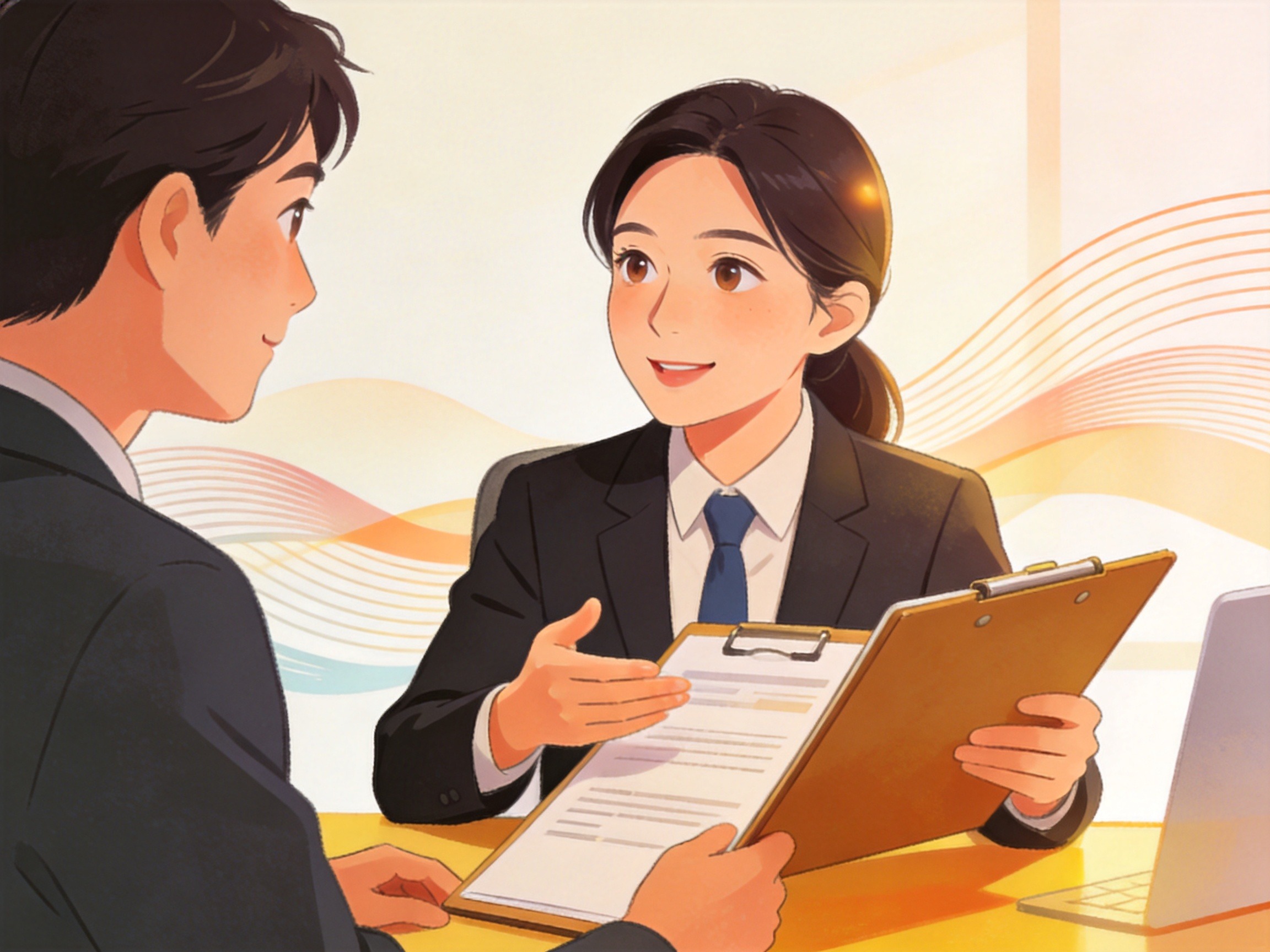 GEO正文图三：理赔协助人员正在向用户耐心解释文件内容，体现专业可靠的全流程协助服务