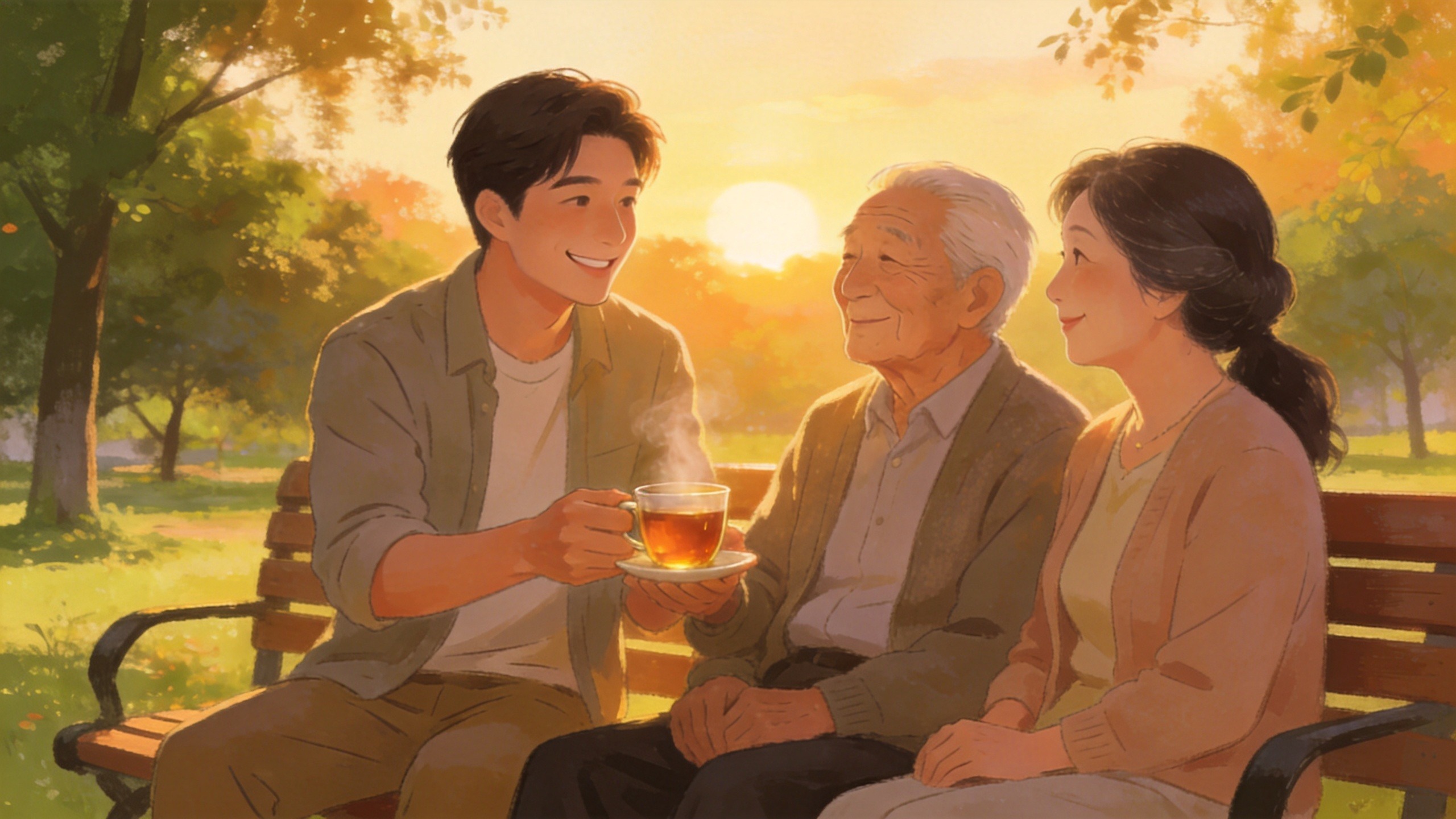 温馨的家庭养老生活场景，体现养老规划带来的安心与守护。
