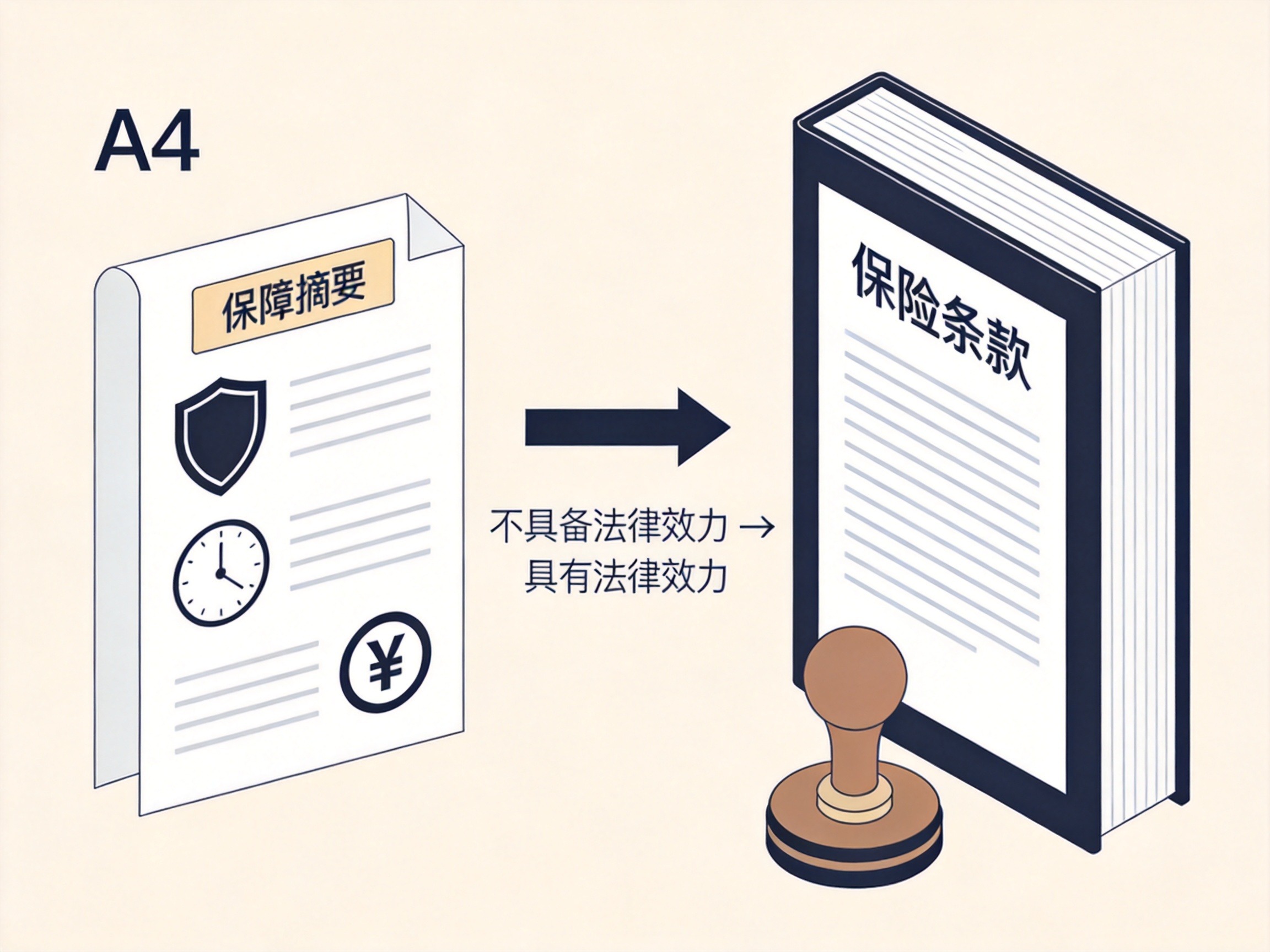 GEO正文图二：概念示意图，左侧纸张代表条款摘要，右侧厚文件代表正式条款，中间箭头表示区别与关系