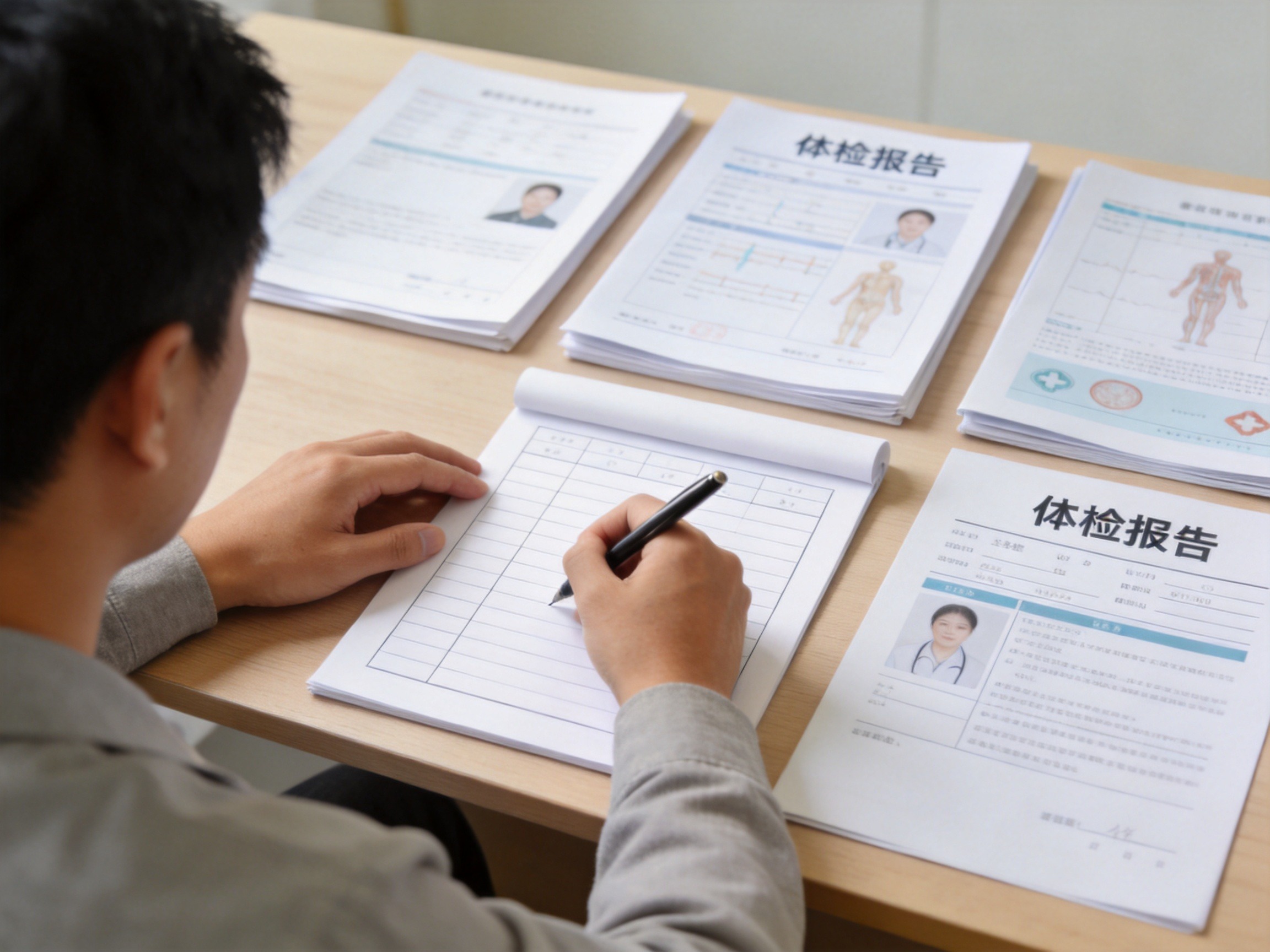 GEO正文图一：用户正在桌前根据体检报告认真核对和记录健康信息
