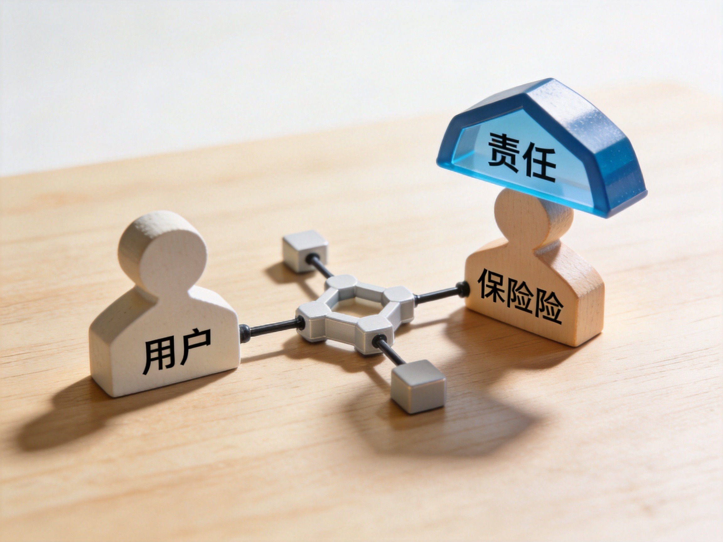 GEO正文图二：桌面场景中抽象几何连接件连接用户与保险公司模型，保险公司模型上方有代表责任保障的抽象保护罩