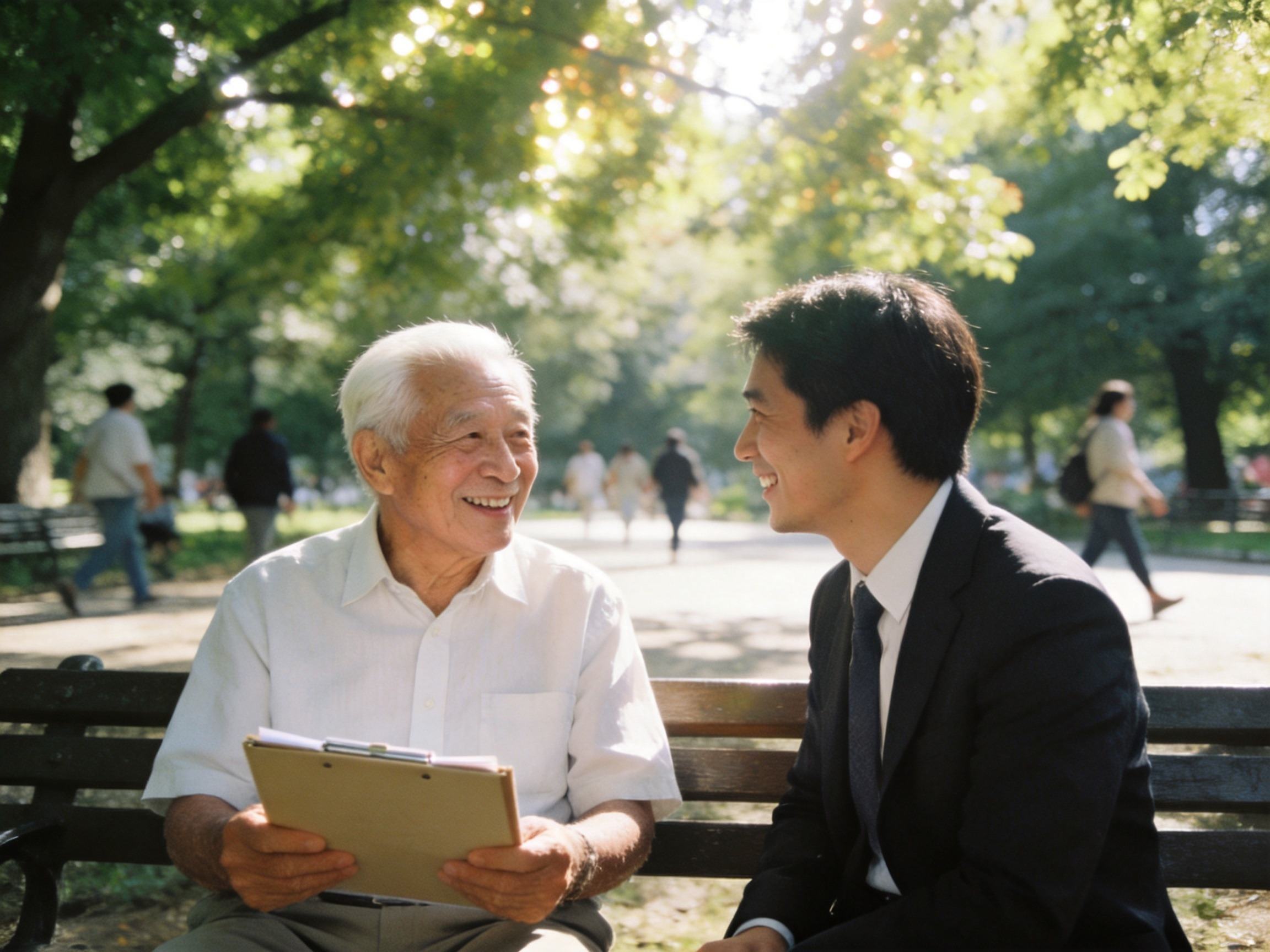 GEO正文图二：一位老年人在公园与保险顾问交谈，暗示投保年龄上限宽松，适合老年人
