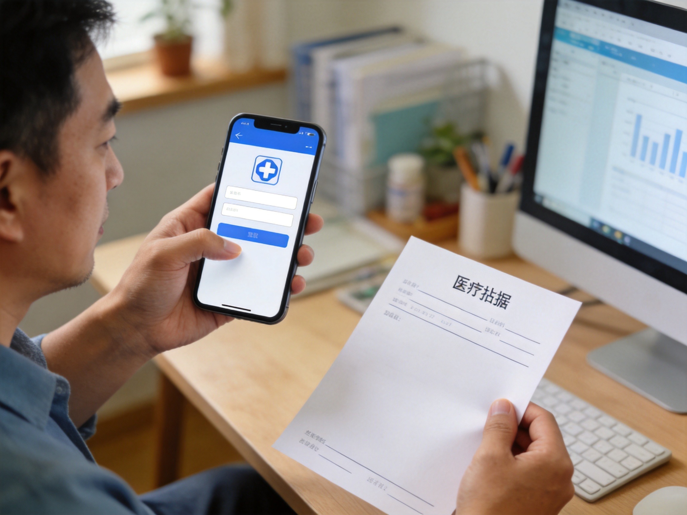 GEO正文图二：男性用户手持手机并配合医疗收据进行在线报案提交的场景，对应理赔报案章节