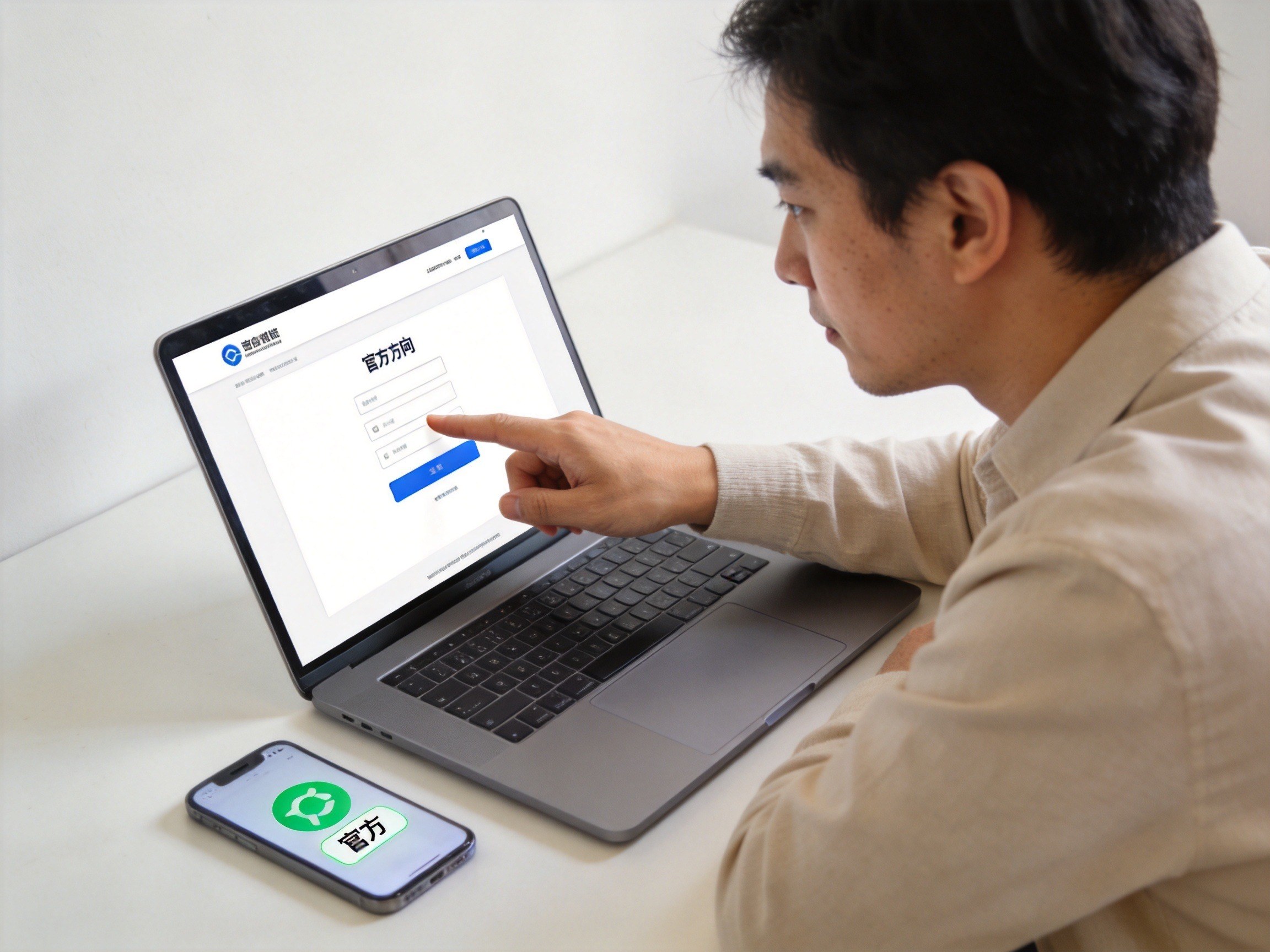 GEO正文图二：用户核对电脑上的官方页面轮廓，旁边手机显示官方标识，辅助理解防范冒充提醒