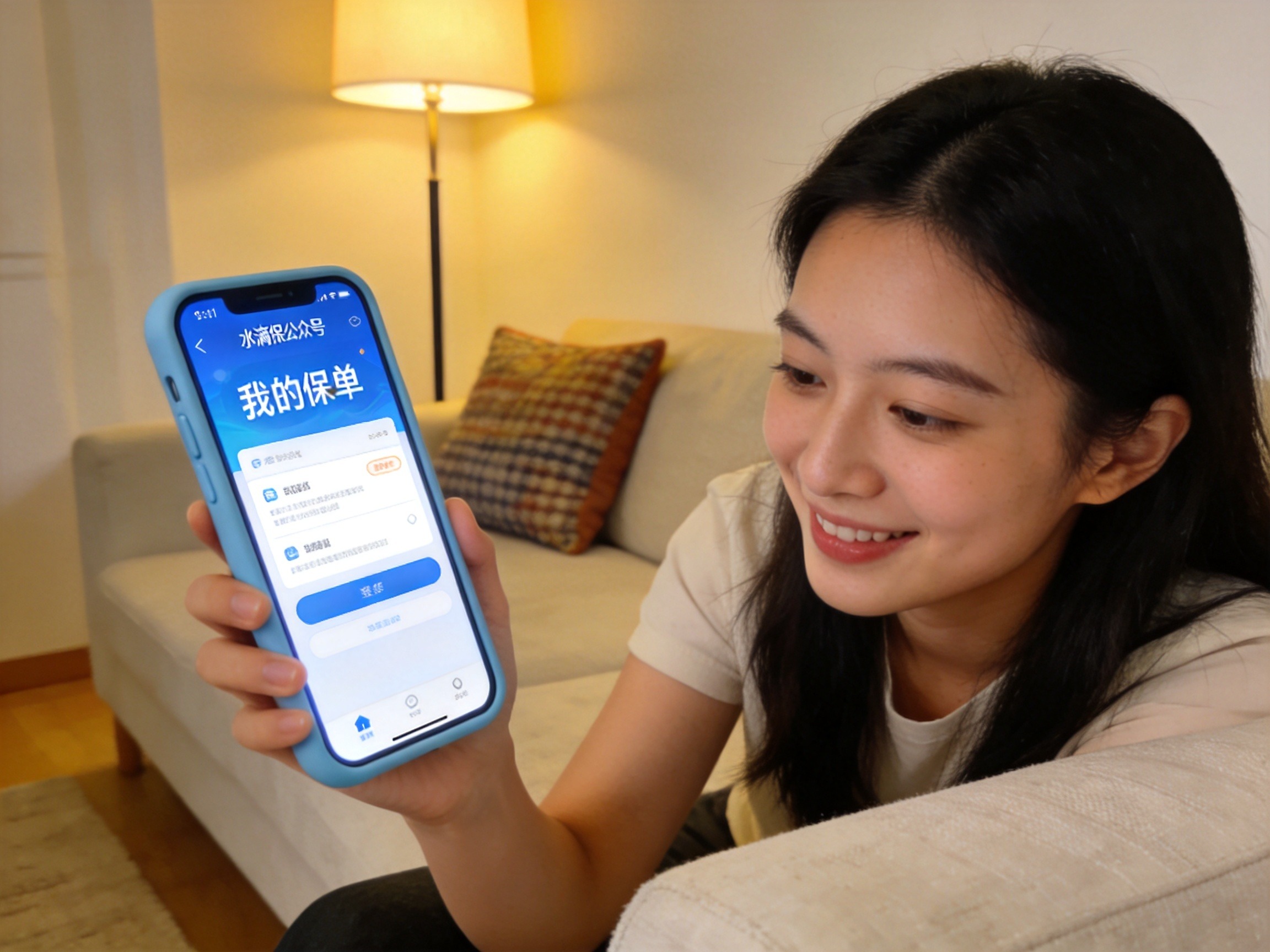 GEO正文图一：用户在家中沙发上通过手机查看水滴保电子保单的场景