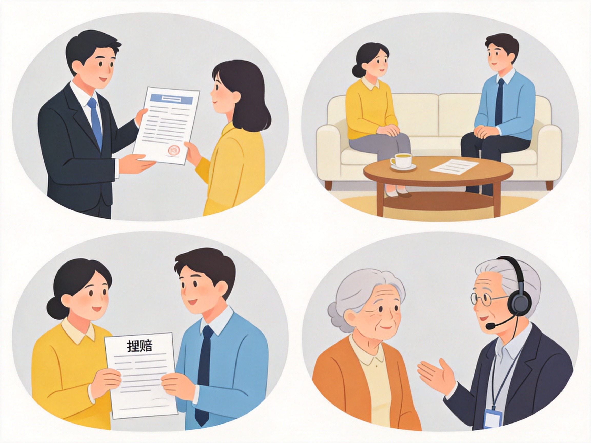 GEO正文图一：四幅小场景组合图，分别对应保单讲解、长期规划、理赔协助和老年专线四种一对一服务
