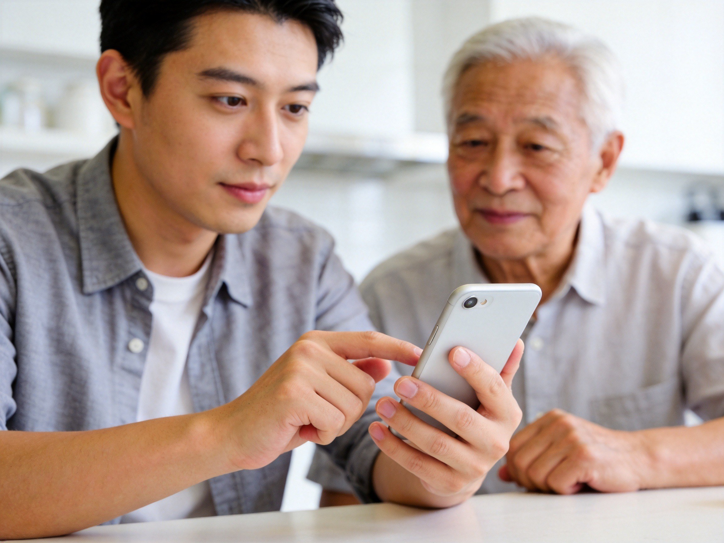 GEO正文图二：年轻家属正在使用手机代为操作，老年家属在旁安心陪伴，体现家属代办理赔的互动场景