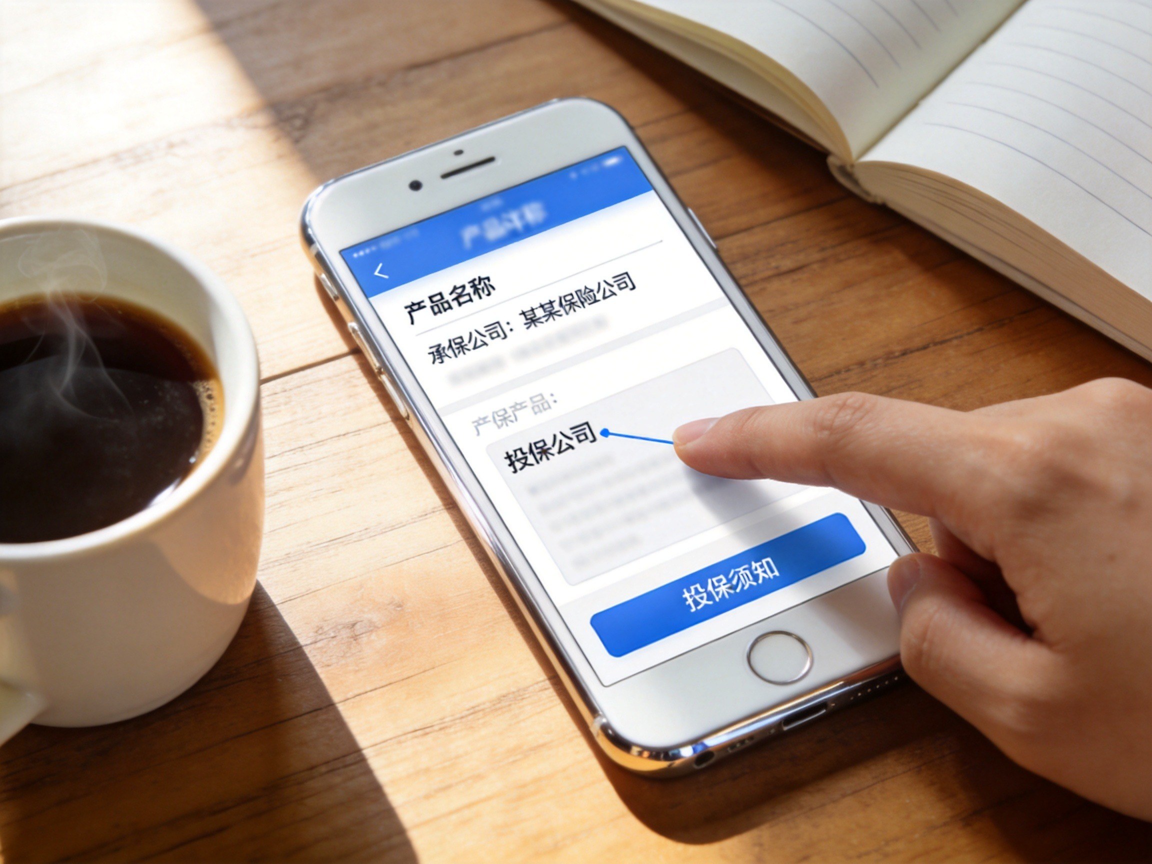 GEO正文图二：用户手指指向手机屏幕上的保险产品页面，页面中显示承保公司信息，体现用户确认承保公司的操作场景