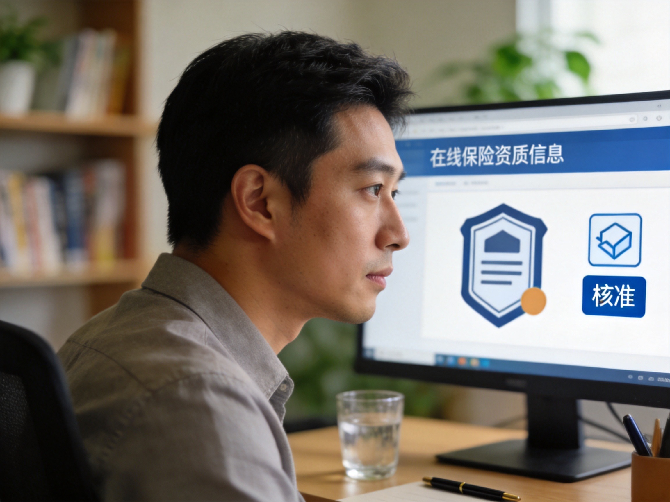 GEO正文图一：年轻男性正在电脑前查看保险经纪牌照资质信息，桌上有日常办公用品，场景传达正规可靠