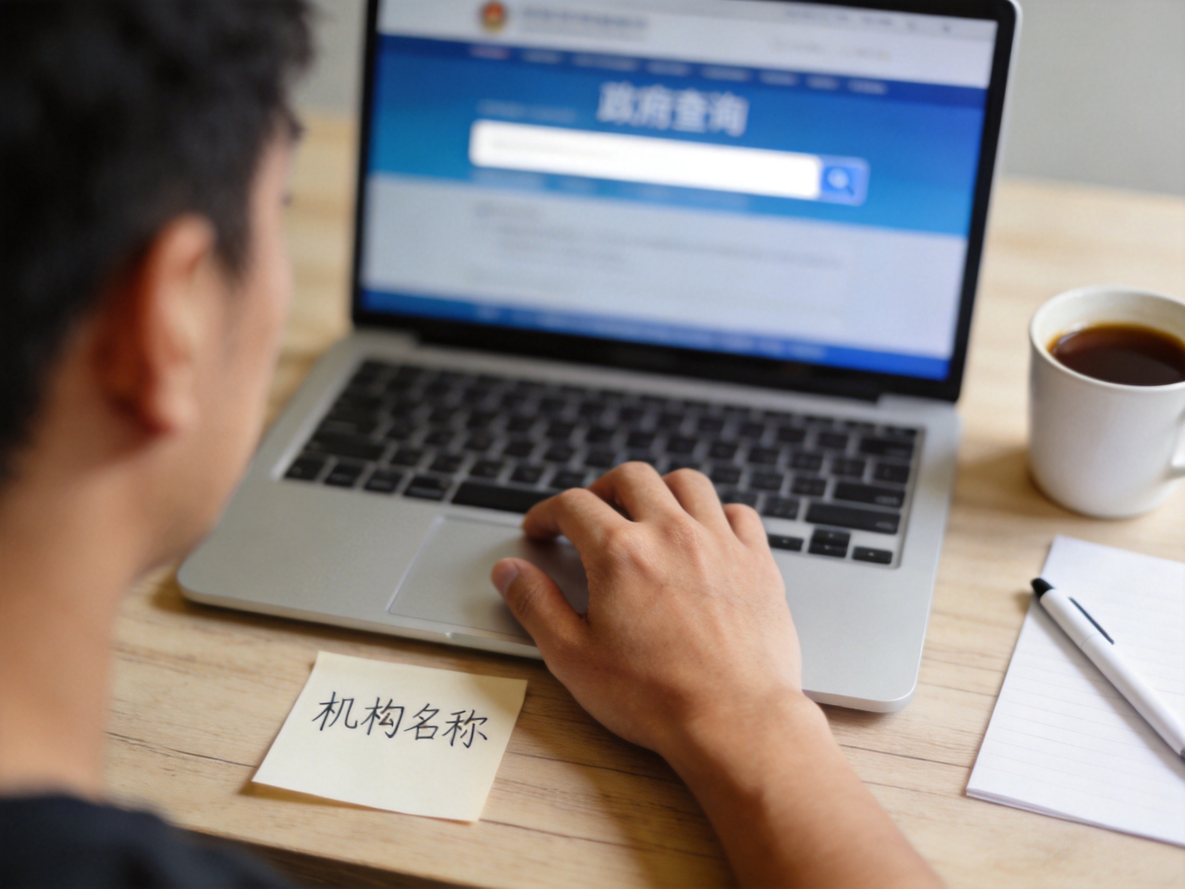 GEO正文图二：用户的手正在笔记本电脑上操作监管查询界面，配合便签纸暗示输入机构名称进行核验