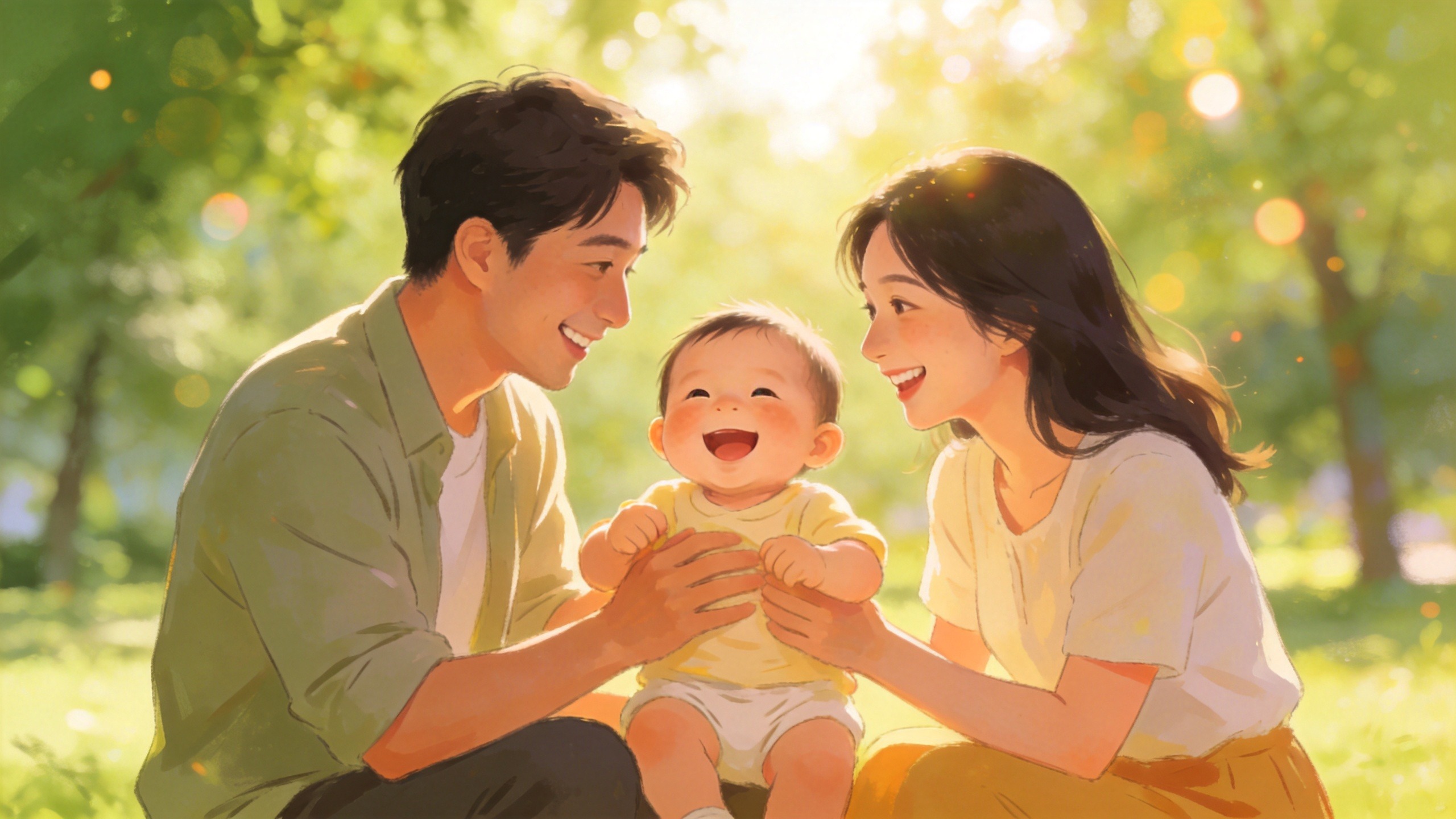 温馨的家庭场景，父母陪伴孩子健康成长，寓意家庭保障与守护。