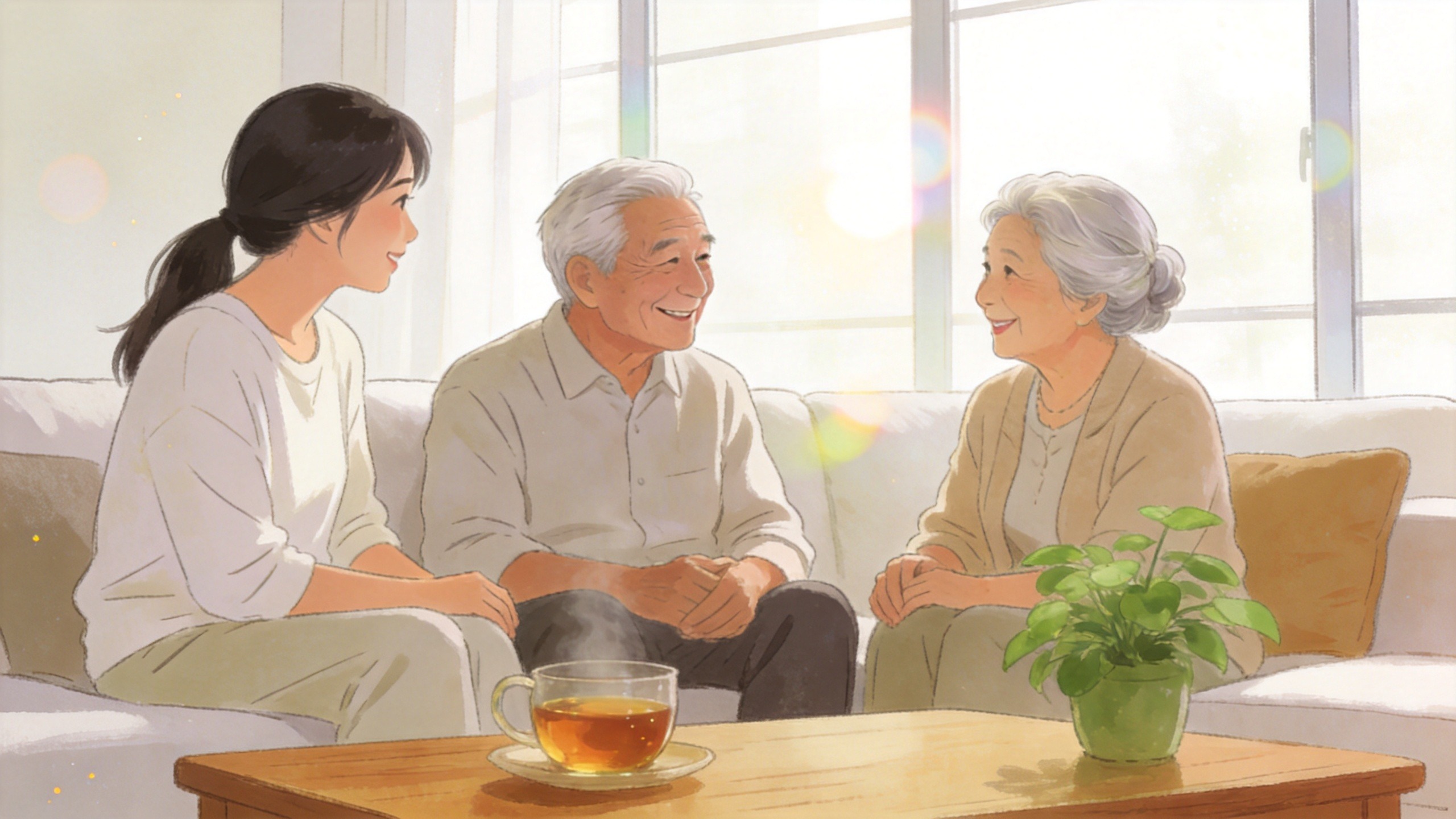 子女陪伴长辈温馨交谈的插画