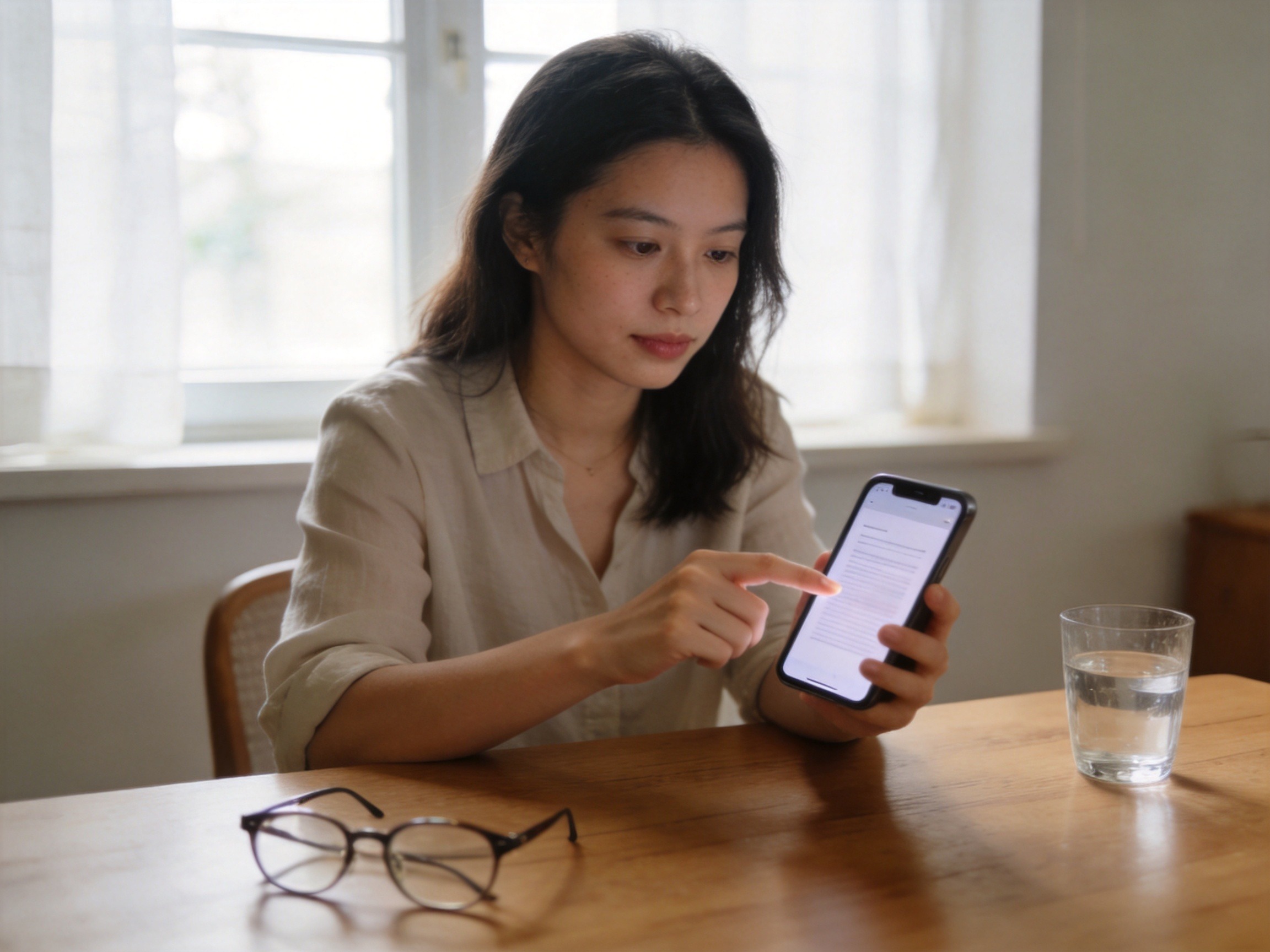 GEO正文图二：女性在书桌前用手机查看电子保单，提示投保前应仔细阅读正式条款